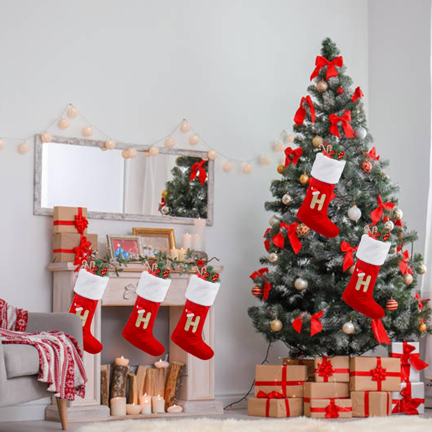 VEYLIN Christmas Stockings with Letters, 20 Inch Large Plush Christmas Stockings Embroidered Stockings Stockings for Kids/Adult Red Letter(H)