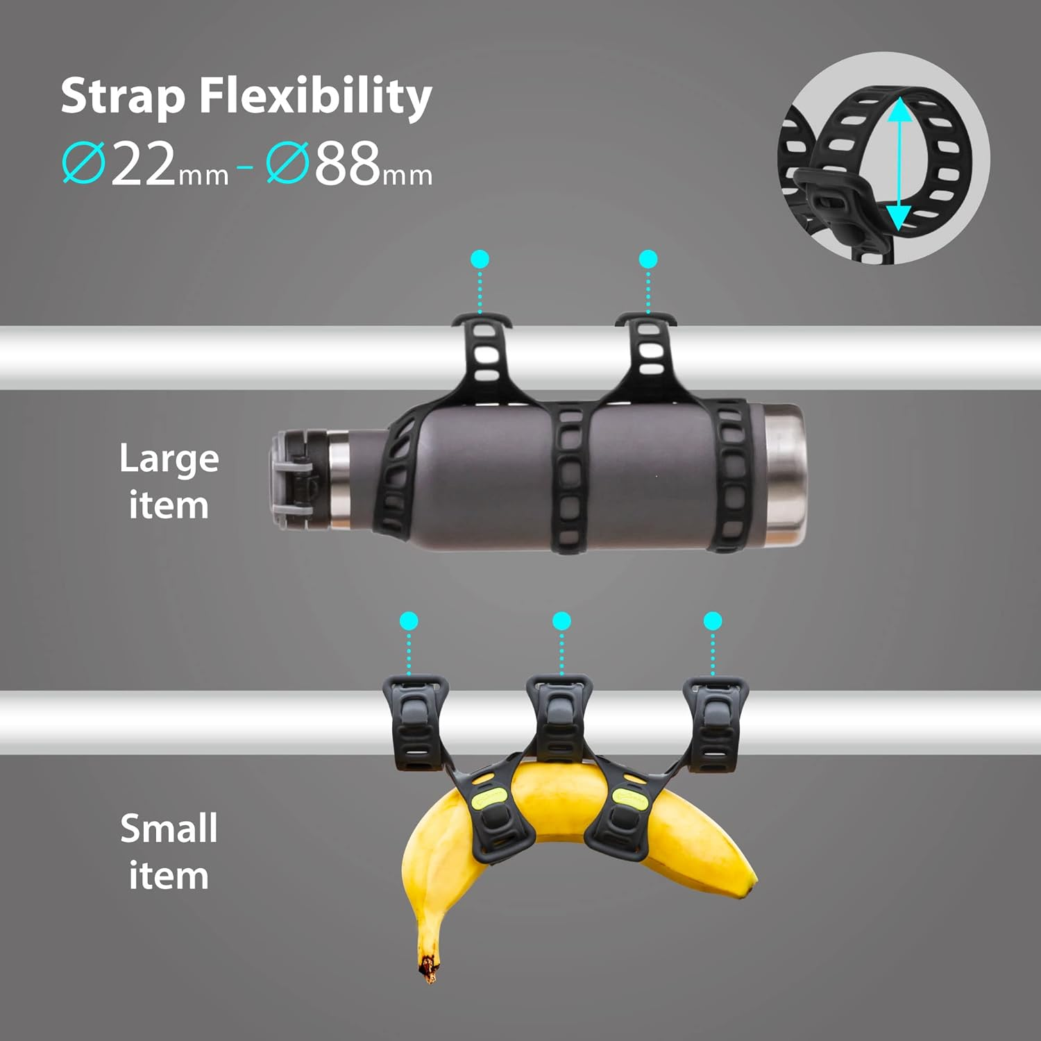 BONE Universal Top Tube Handlebar Holder for Waterbottle, Raincoat, Music Speaker - Cycling Accessories for Mountain Road Bike, Camping - Fits Diameters 22-88Mm - Bike Strap Plus image number 4