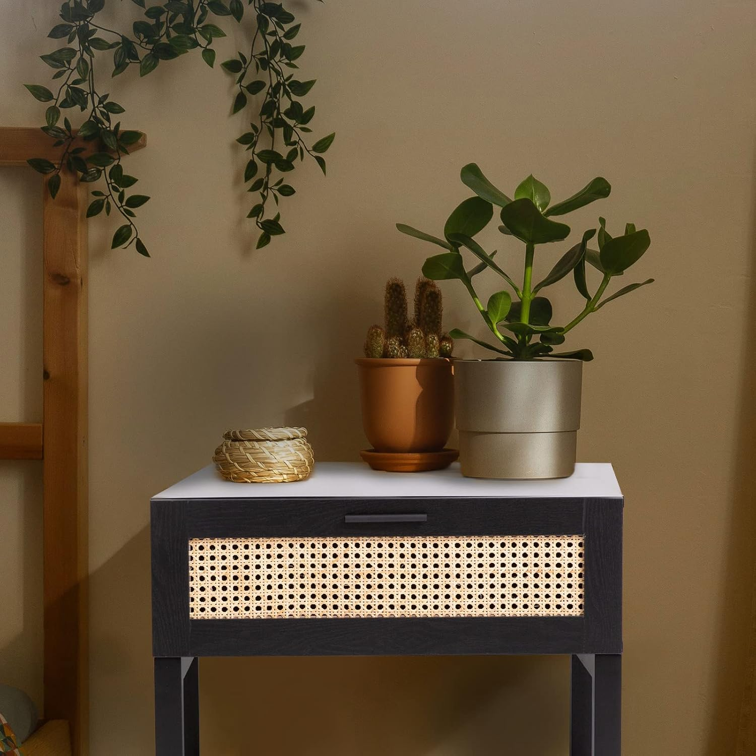 Casa Decor Bedside Table Tulum Rattan Nightstand Storage Cabinet with Drawer, Black image number 5