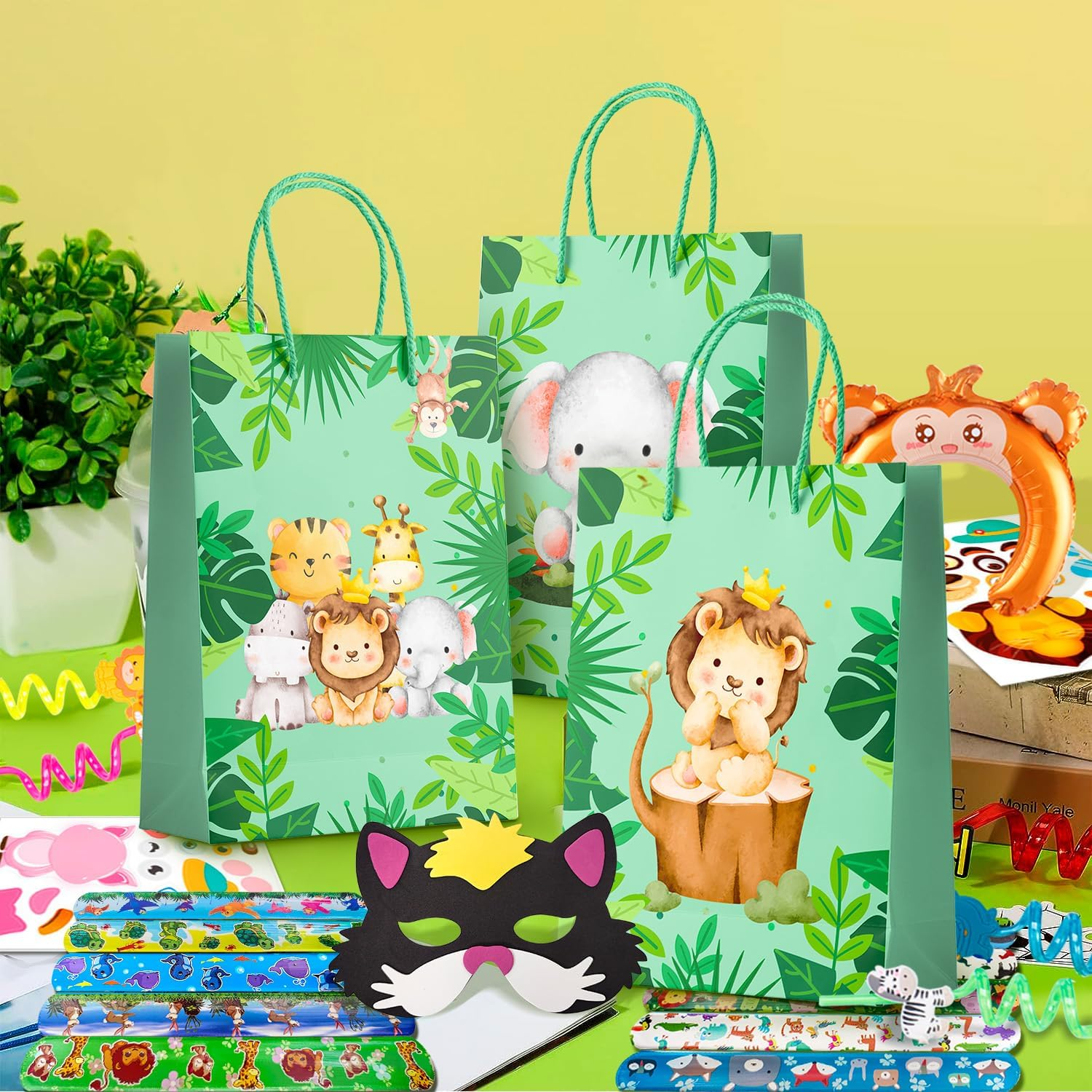 Jungle Safari Party Favors, 60Pcs Jungle Safari Birthday Party Favors Set Includes Safari Party Slap Bracelets Stickers Straws Balloon, Animal Mask, Safari Goodie Bags Etc Jungle Party Favors for Kids image number 2