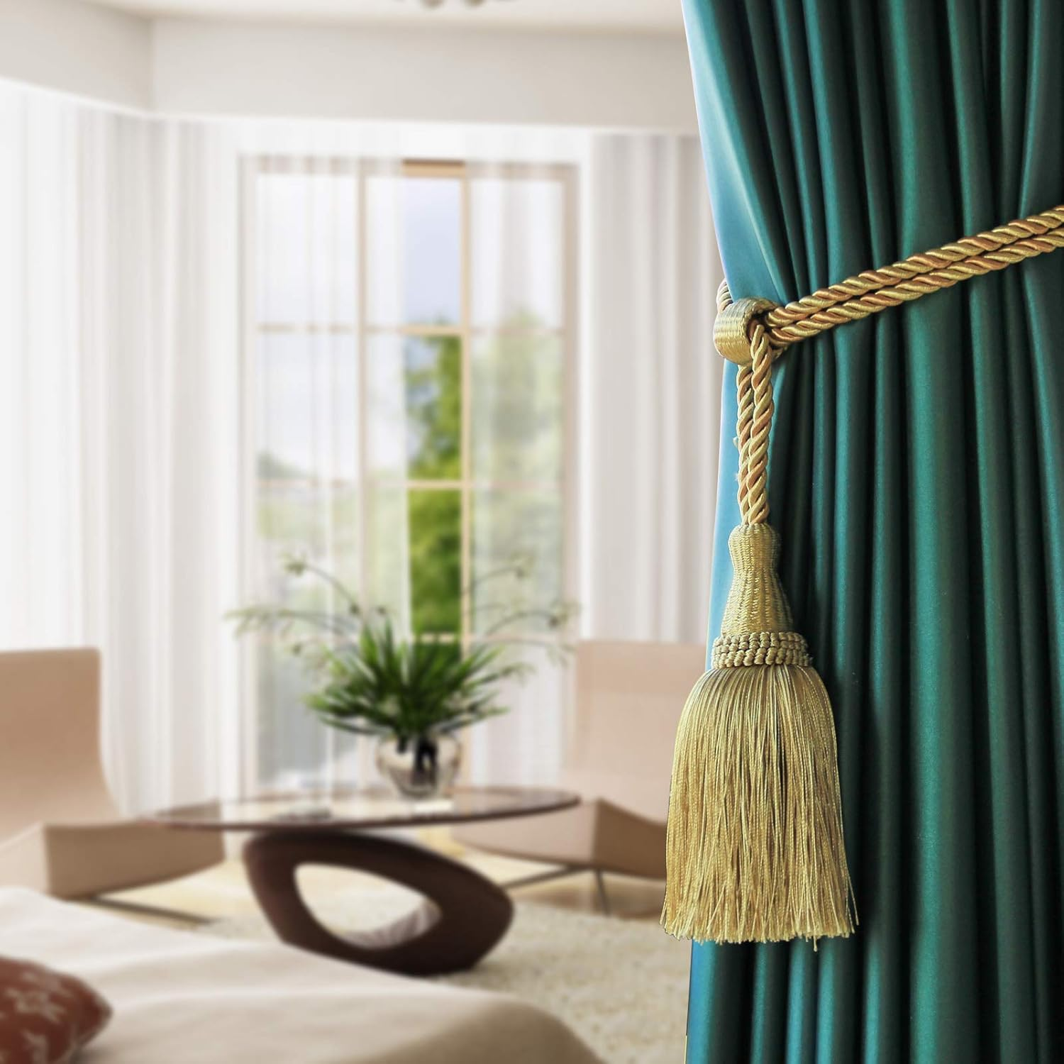 Fenghuangwu Curtain Tiebacks Handmade Elegant Curtain Tie Backs Holdbacks with Tassel for Home Office Decor 2 Pack - Gold image number 2