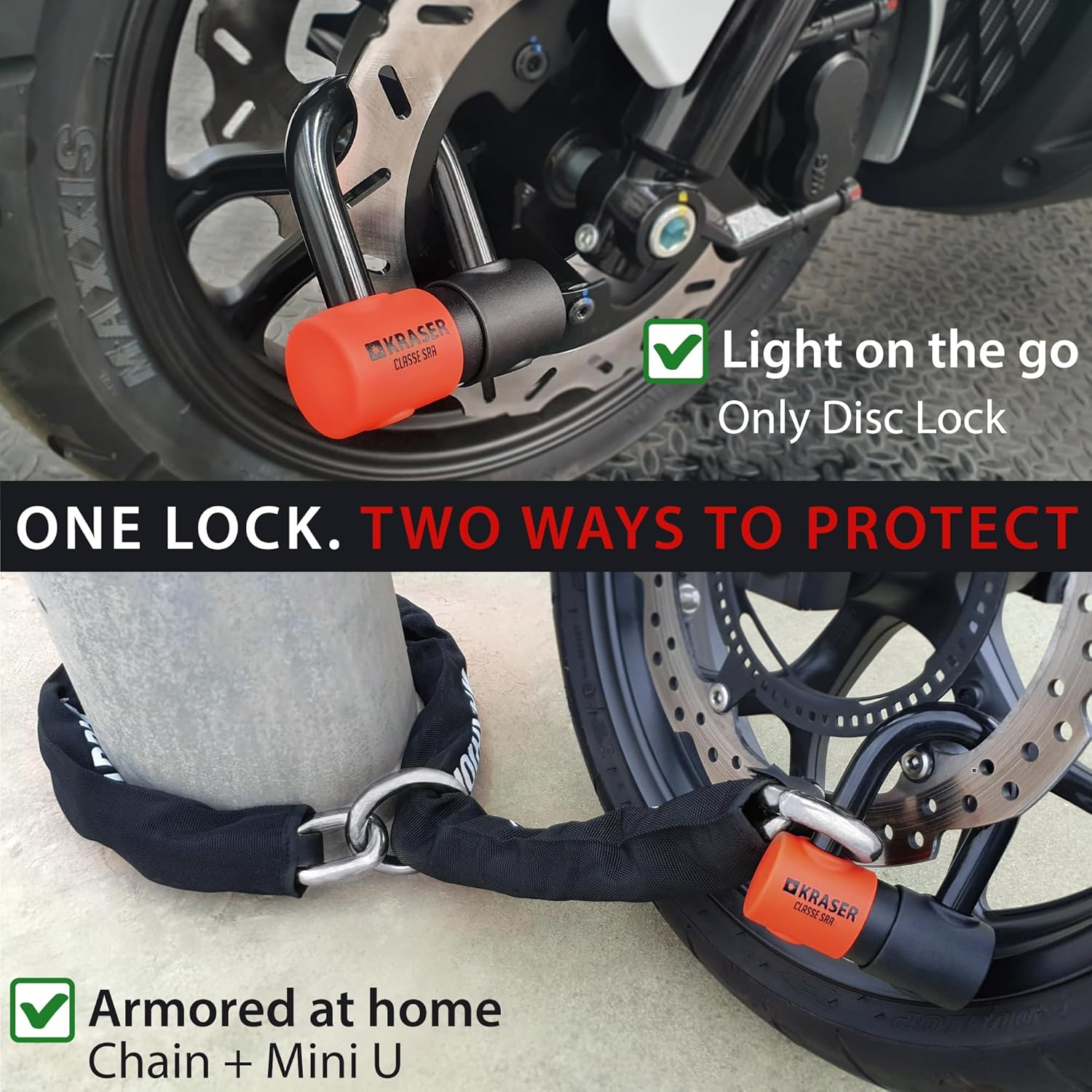 KRASER KR50120L Motorcycle Chain Lock Mini U Approved Padlock Massive Steel Heavy Duty &Oslash;0.53In, 3.9Ft Long, Loop Ring, Textile Cover, High Security Anti-Theft, Garage Anchor, Scooter Electric Bicycle image number 5