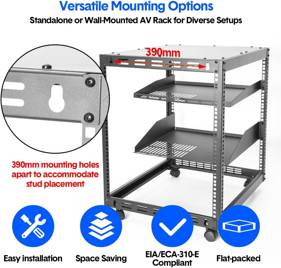 ALSTON 12U Open Frame Server Rack Free Standing or Wall Mountable 4-Post AV Rack Strong Loading Capacity with Lockable Anti-Skip Casters for IT Network AV Gear image number 5