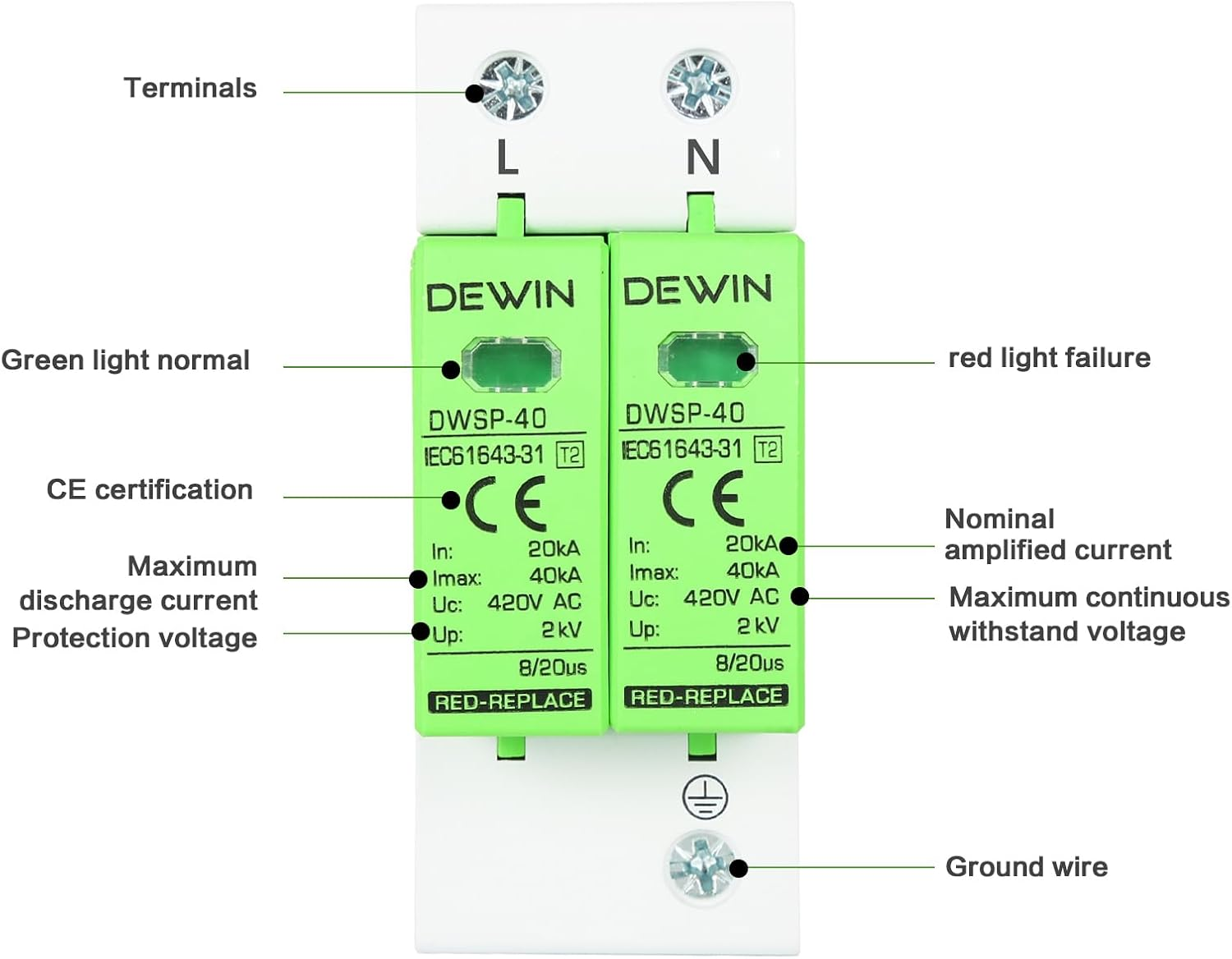 Victool Voltage Arrester Device, House AC 420V Low-Voltage Arrester Device, 35Mm DIN Rail Mounting (2P40KA) image number 5
