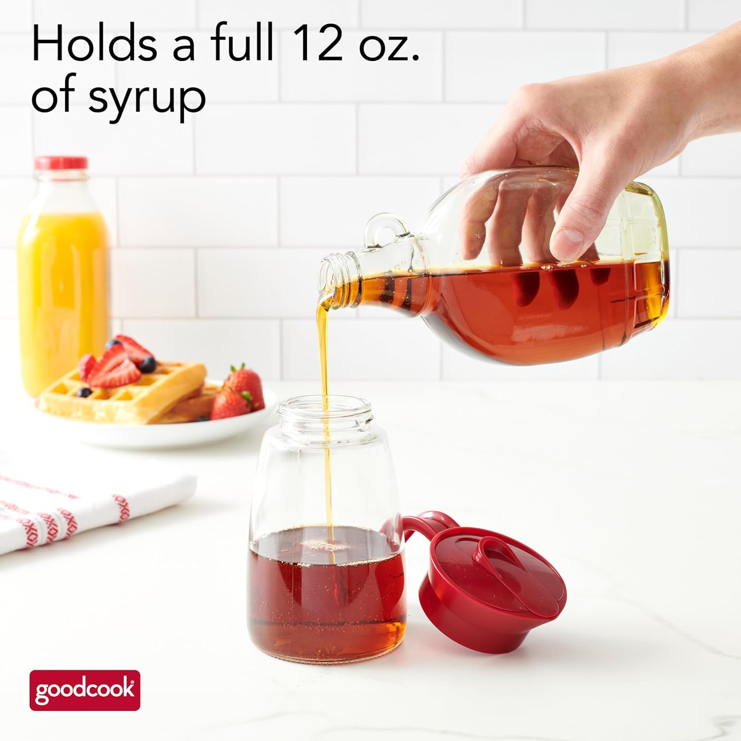 Goodcook 12 Oz. Glass Syrup Dispenser with Lid, Clear/Red image number 1