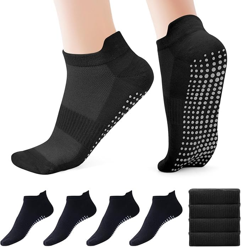 4 Pairs Pilates Socks Grip for Women Non-Slip Grippy Yoga Socks Ankle for Barre, Ballet, Barefoot Training & Workout Hospital Use