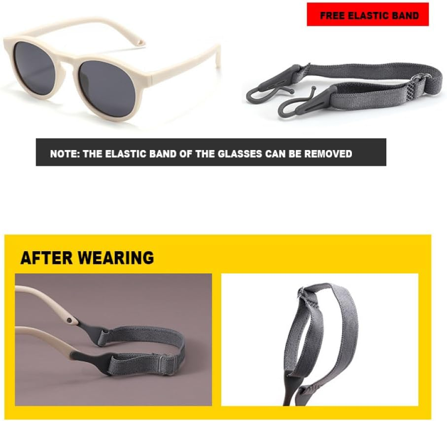 Fashion Baby'S First Sunglasses with Strap round Flexible UV400 One Piece Size Infant Sunglasses for Ages 0-3 Years - Beige image number 7