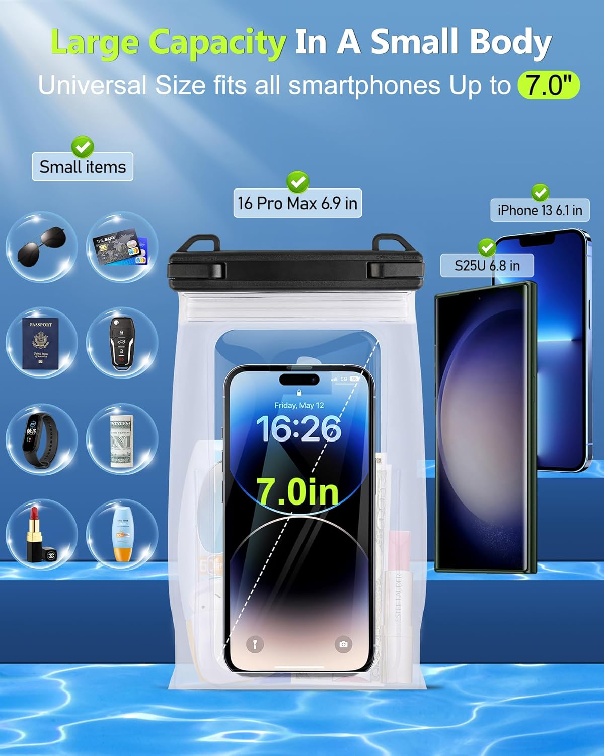 IPX8 Waterproof Phone Pouch Floating, [Expandable Space] Waterproof Bag, Cell Phone Dry Bag with Adjustable Lanyard for Iphone Samsung Google up to 7.0" White image number 2