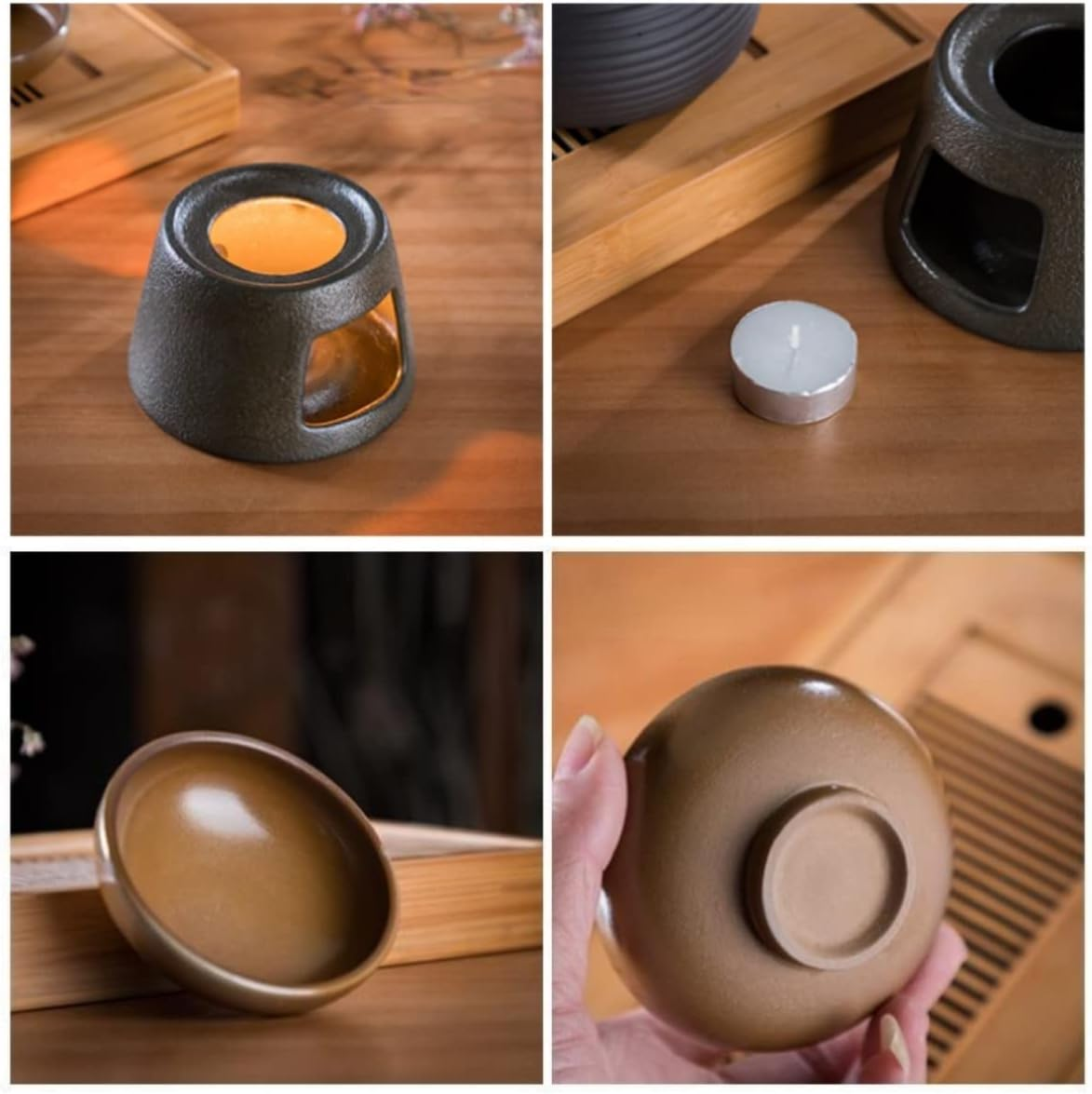 Hand Made Large Capacity Essential Oil Burner Wax Melt Burners, Aromatherapy Aroma Burner Ceramic Oil Diffuser Candle Tealight Holder Home Bedroom Decor Brown image number 1