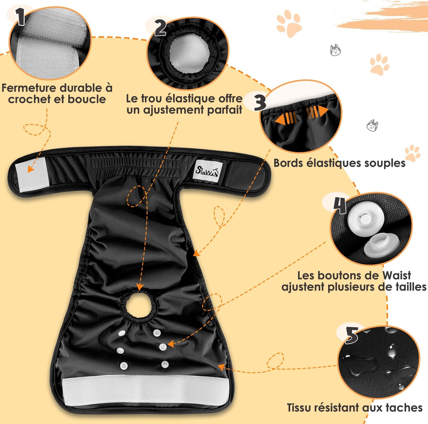 Slowton Washable Dog Diaper, 3 Pack No Leak Comfortable Doggie Diaper with Adjustable Snap Buttons Reusable Female Dog Diapers for Heat Period Excitable Urination image number 4