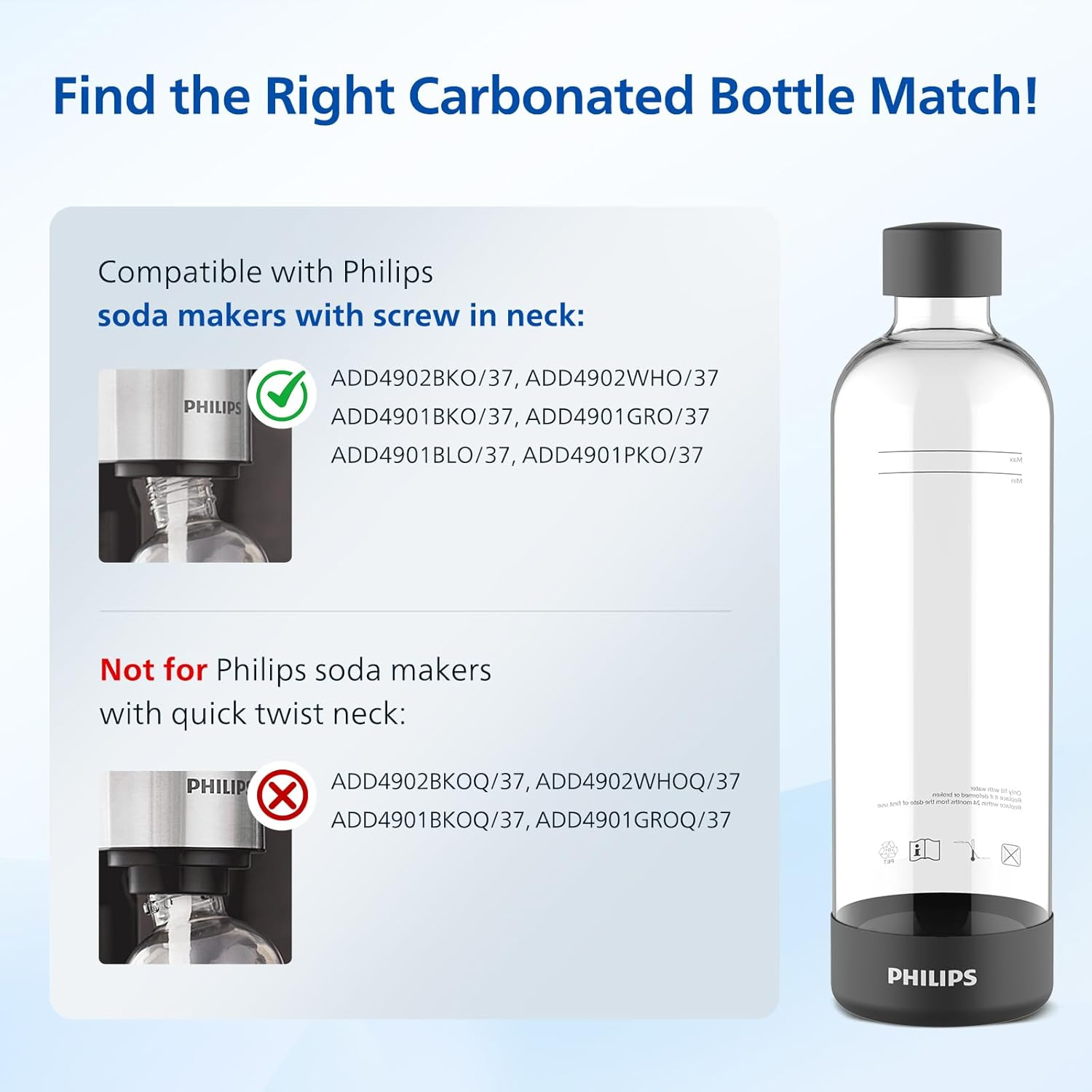 PHILIPS Carbonating Bottles, 1L Twin Pack Reusable PET Sparkling Water Bottles Compatible Sparkling Water Maker, 2 Pack, Black - Blue image number 2