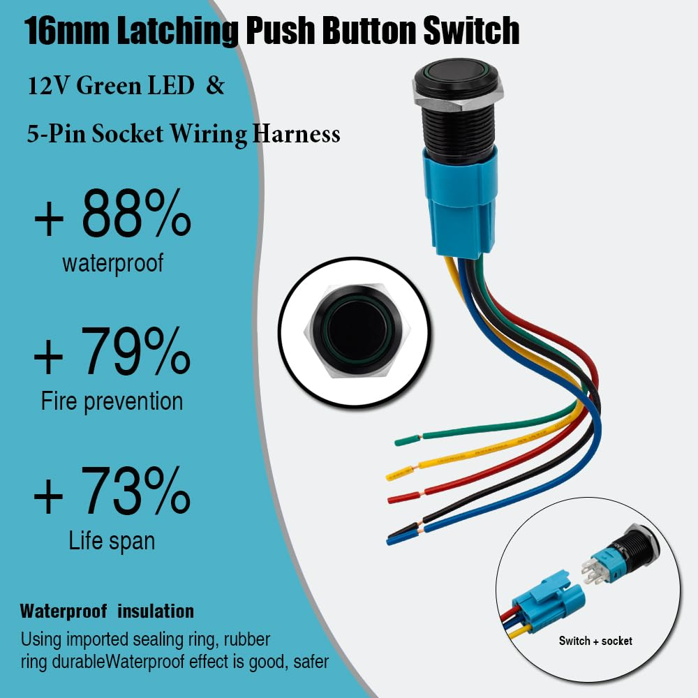 Yakamoz 2Pcs 16Mm Latching Push Button Switches, 12V on off Reset Button with Sockets Green LED Wiring Harness, Waterproof Marine Push Button for Car (Black Shell) image number 5
