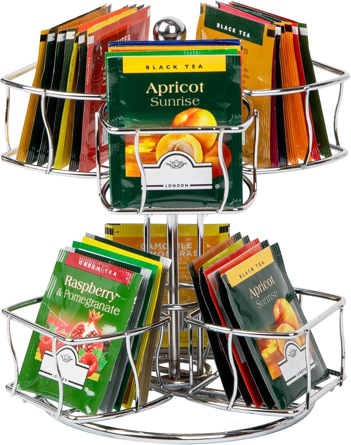 Mind Reader Alloy Collection, 2-Tier Tea Bag Carousel, 60 Bag Capacity, Rotating, Metal, 7" L X 7" W X 8.25" H, Silver image number 1