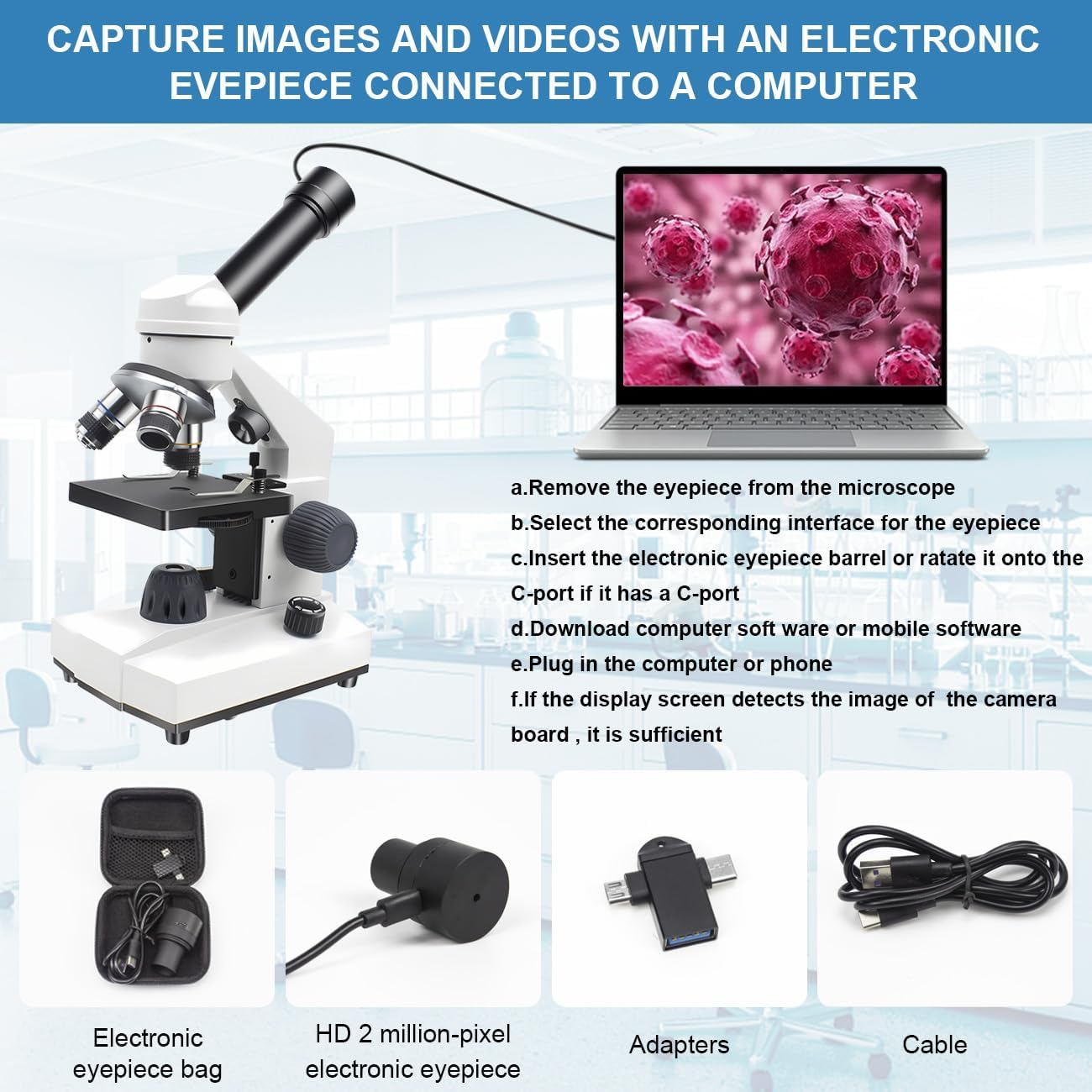 Microscope for Adults Kids Students, 40X-2000X Microscope with Electronic Eyepieces，Metal-Body Dual LED Illumination, Biological Microscope Kit for Kids Students Home School Lab image number 1