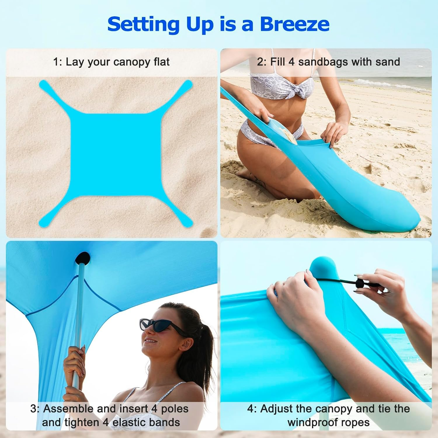 Beach Tent, Camping Sun Shelter with UPF50+ Protection, Sand Shovels, Ground Pegs and 4 Stability Poles, Outdoor Pop up Beach Shade Canopy, Backyard or Picnics (300 * 300 * 200Cm) image number 6