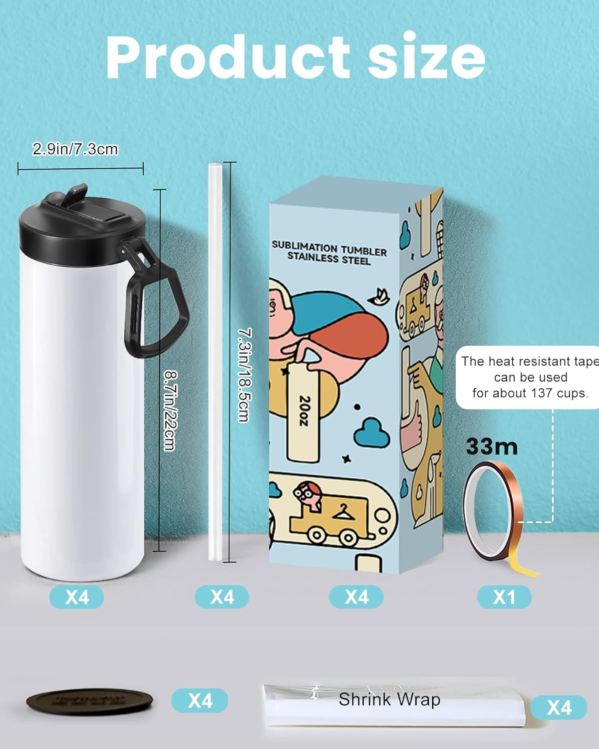 Cafultgo 4 Pack Sublimation Tumblers Blanks Cups Water Bottle 20 OZ White Straight Stainless Steel Tumbler with Metal Straw and Lid for Tumbler Heat Press Machine Sublimation Print - 4Pcs image number 6