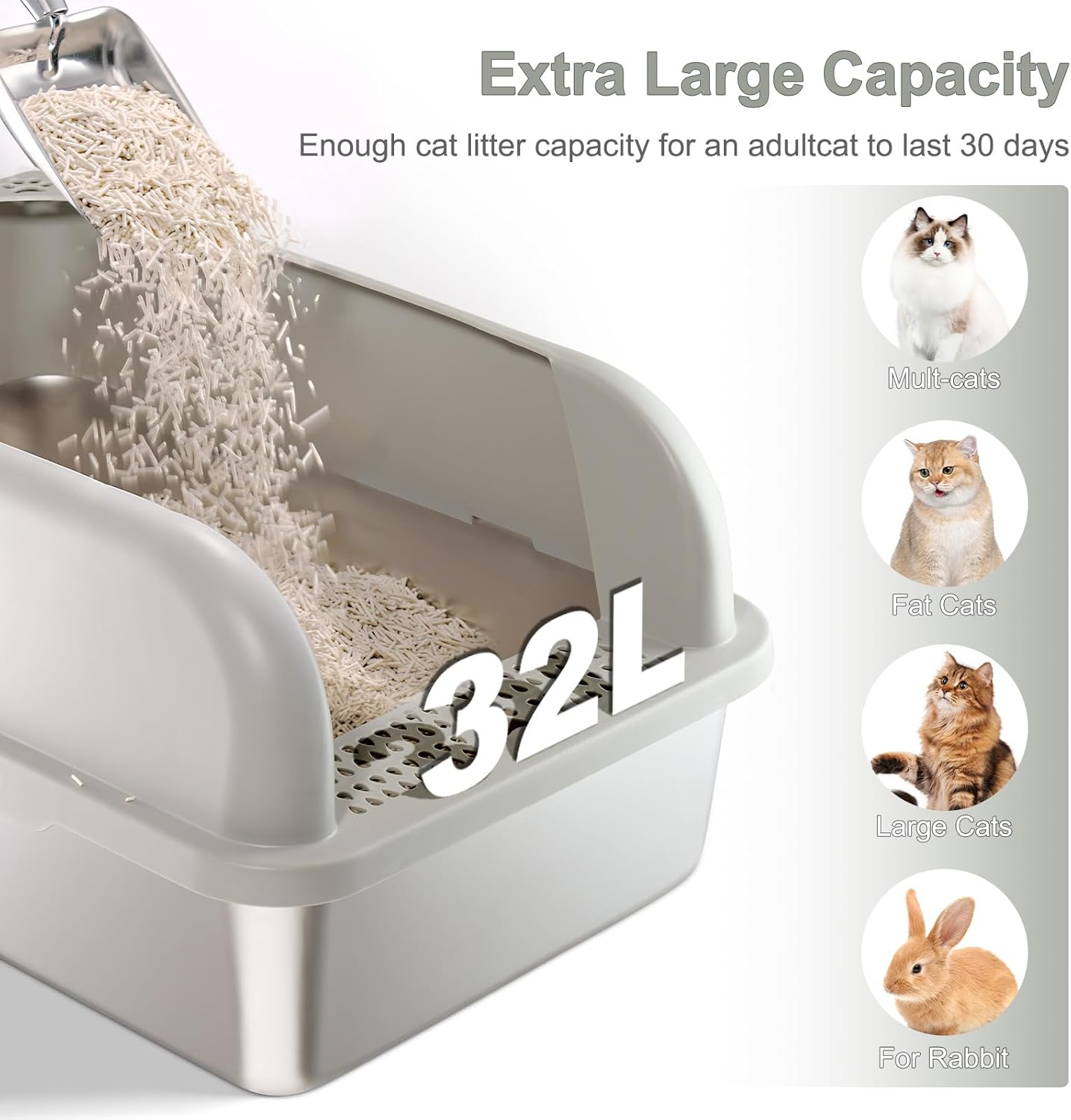 Upgraded Enclosed Stainless Steel Cat Litter Box, High Sided XXL Extra Large Litter Box for Big & Multiple Cats, Easy Cleaning High Wall Side Covered Litter Box with Scoop - Light Grey image number 2