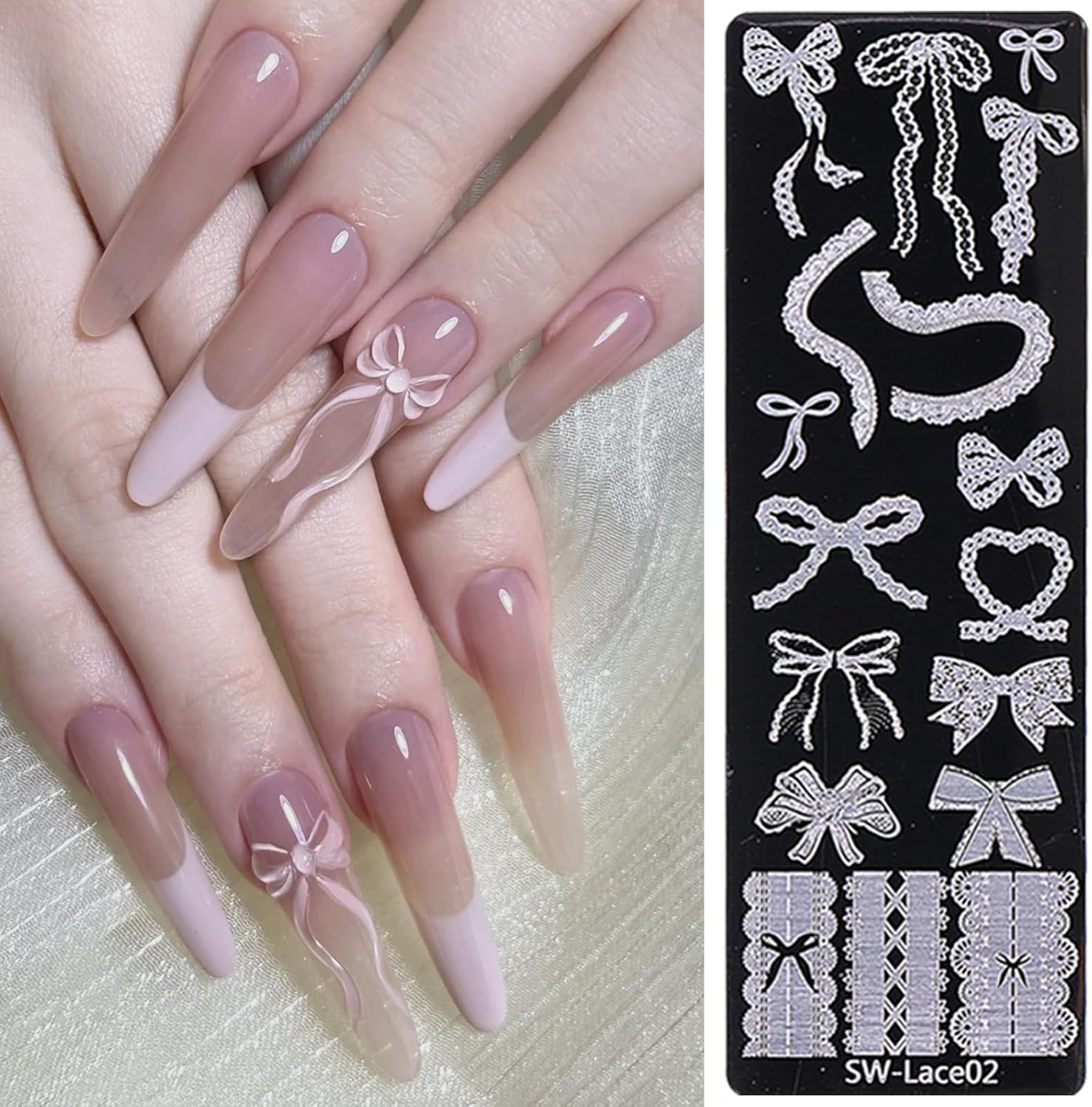 Lace Nail Stamping Plates Set French Tip Silicone Bow Design Nail Stamping Plates Nail Stamping Plates Laser Storage Bag Nail Stencils Supplies image number 6