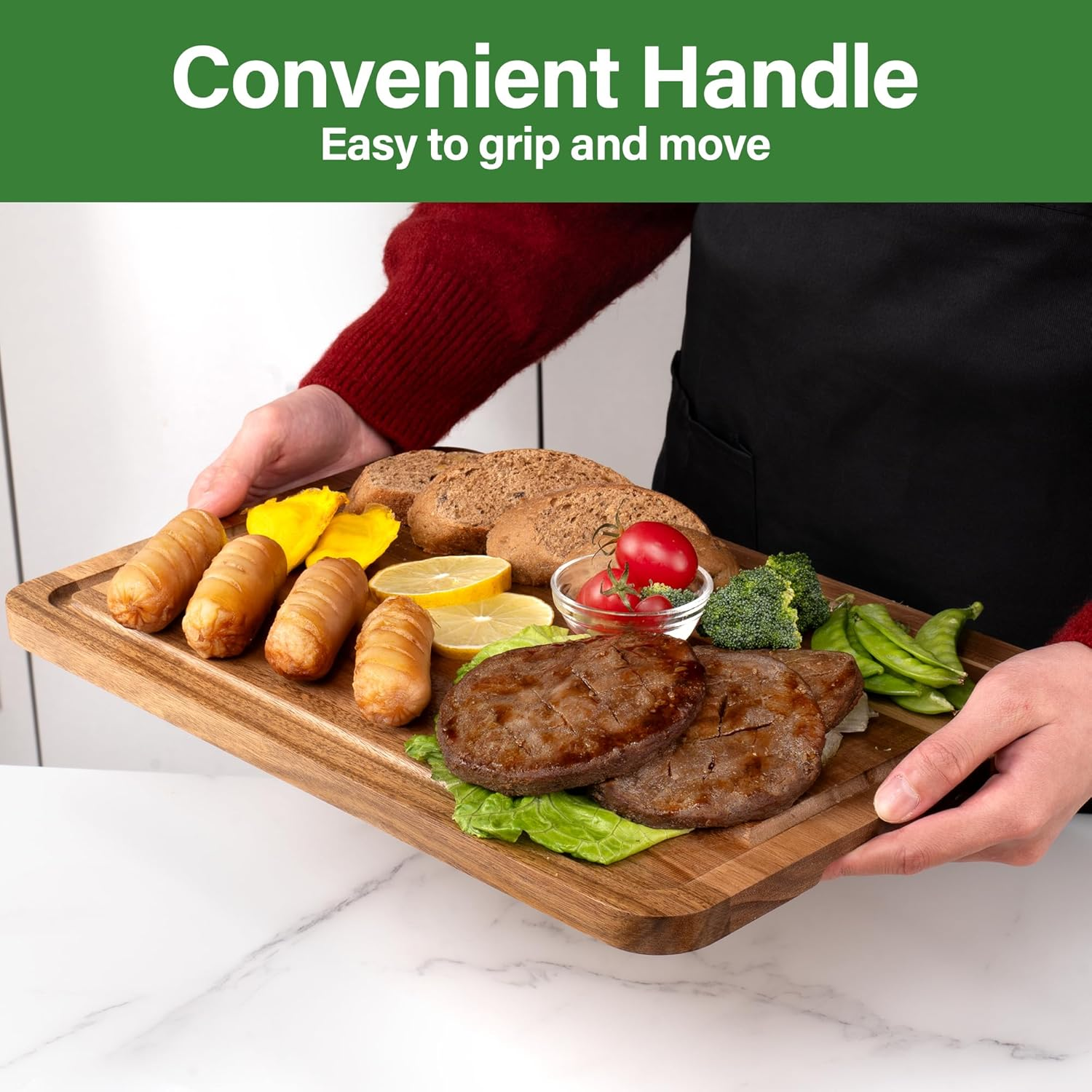 TJ POP Acacia Wood Chopping Board for Kitchen, Wooden Cutting Board Set of 3 with Stand and Juice Groove, Double-Sided Chopping Board Serving Board for Meat, Vegetables, Fruits and Cheese - Acacia Wood (3 Set) image number 2