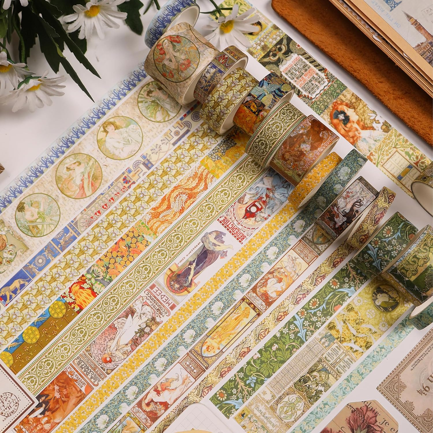 Vintage Washi Tape Set - 24 Rolls Arts Adhesive Tapes Assorted Retro Decorative Masking Tape Sets for Craft, Kids, Scrapbook, DIY, Gift Wrapping (1-Renaissance Dreams) - 10-Countryside Charm image number 5