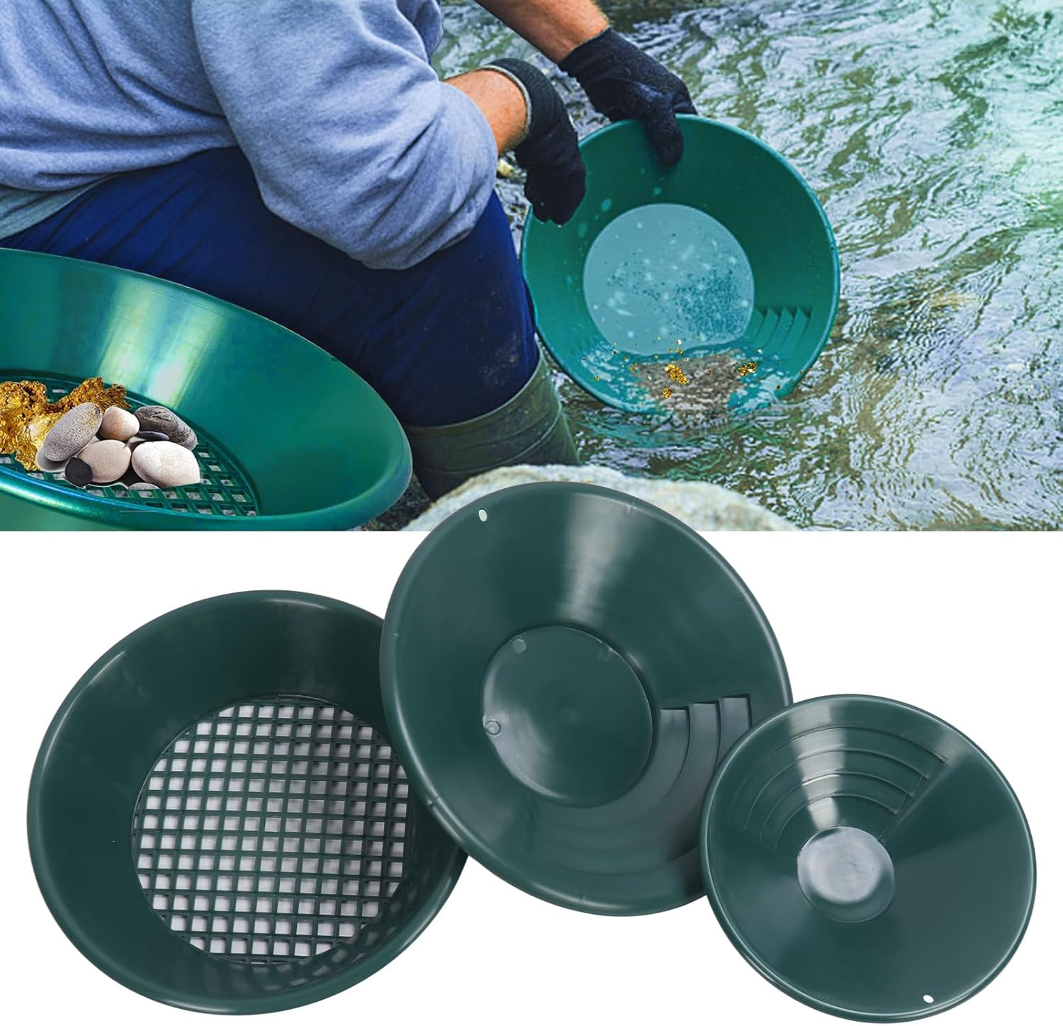 Round Gold Panning Pans Set, 3PCS ABS Plastic Gold Washing Pan Kit Hand Operated Gold Dredging Tools for Gold Nugget Planning, Gold Mine Prospecting image number 1