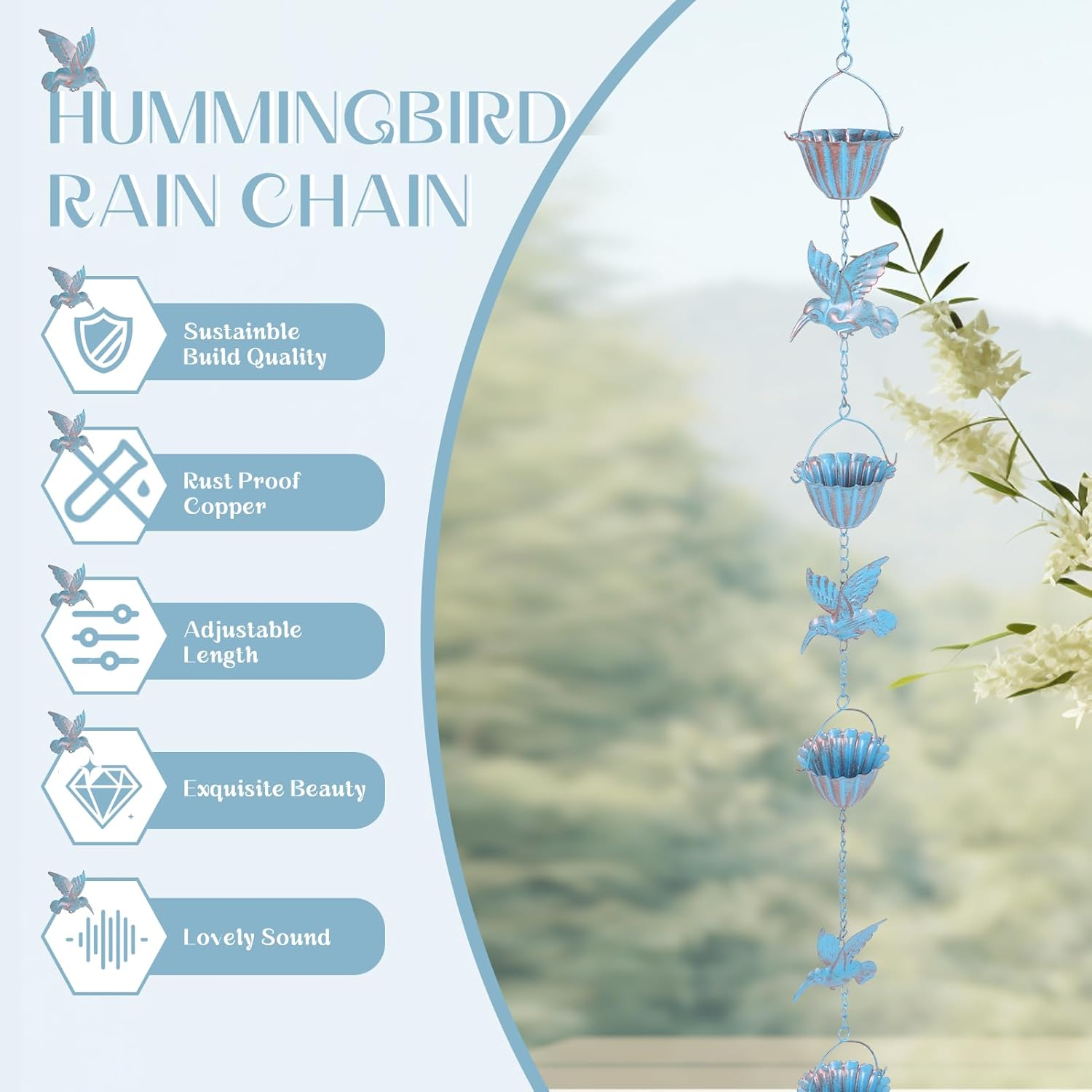 Metal Rain Chain, 7.9 Foot Rain Catcher Chain with 7 Water Cups and 7 Removable Hummingbird Decorative Rain Chains, Easy to Install Gutter Rain Collector Chain for Eaves Drainage image number 1