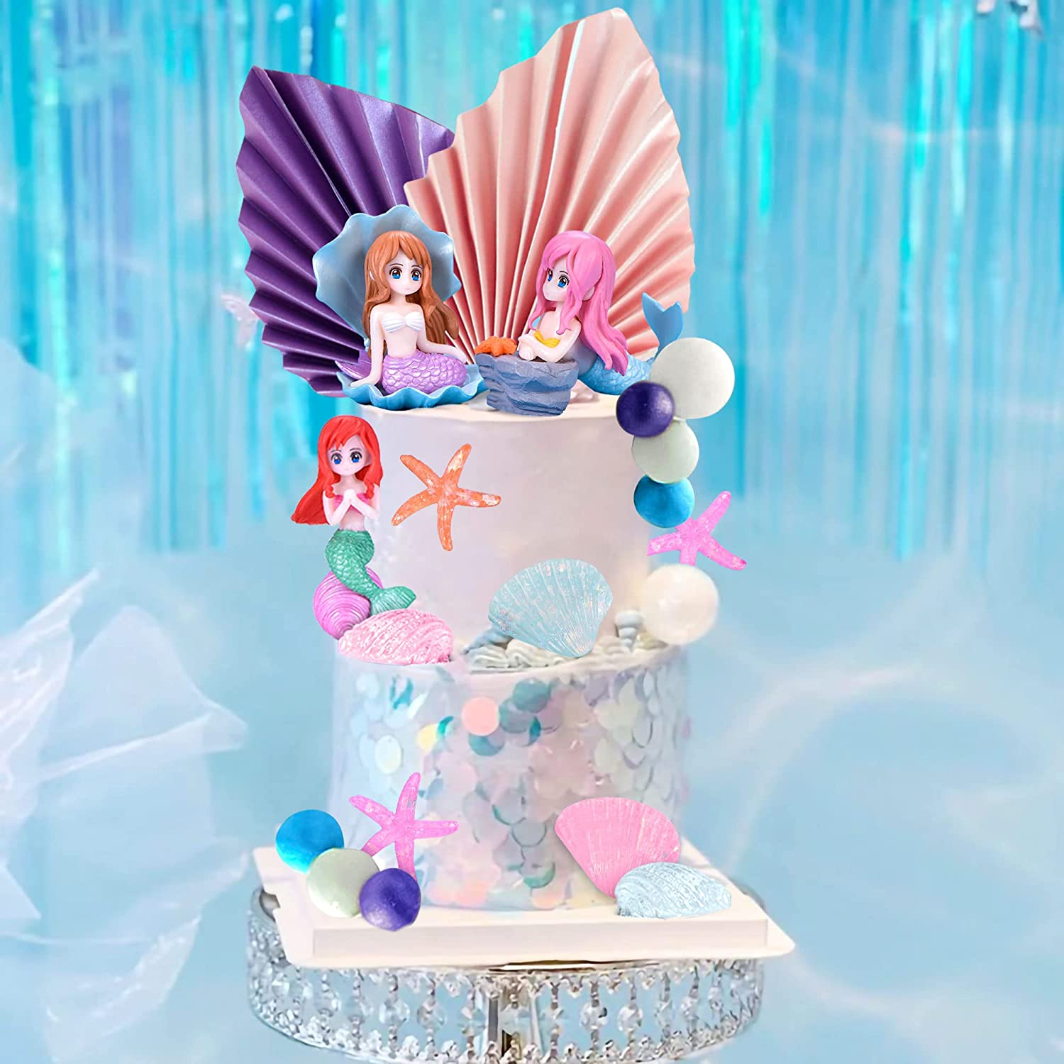 Jevenis 30 PCS Mermaid Cake Decoration under the Sea Cake Decoration Seashell Cake Topper Mermaid Tail Cake Topper Mermaid Party Supplies Sea Star Cake Toppers image number 1