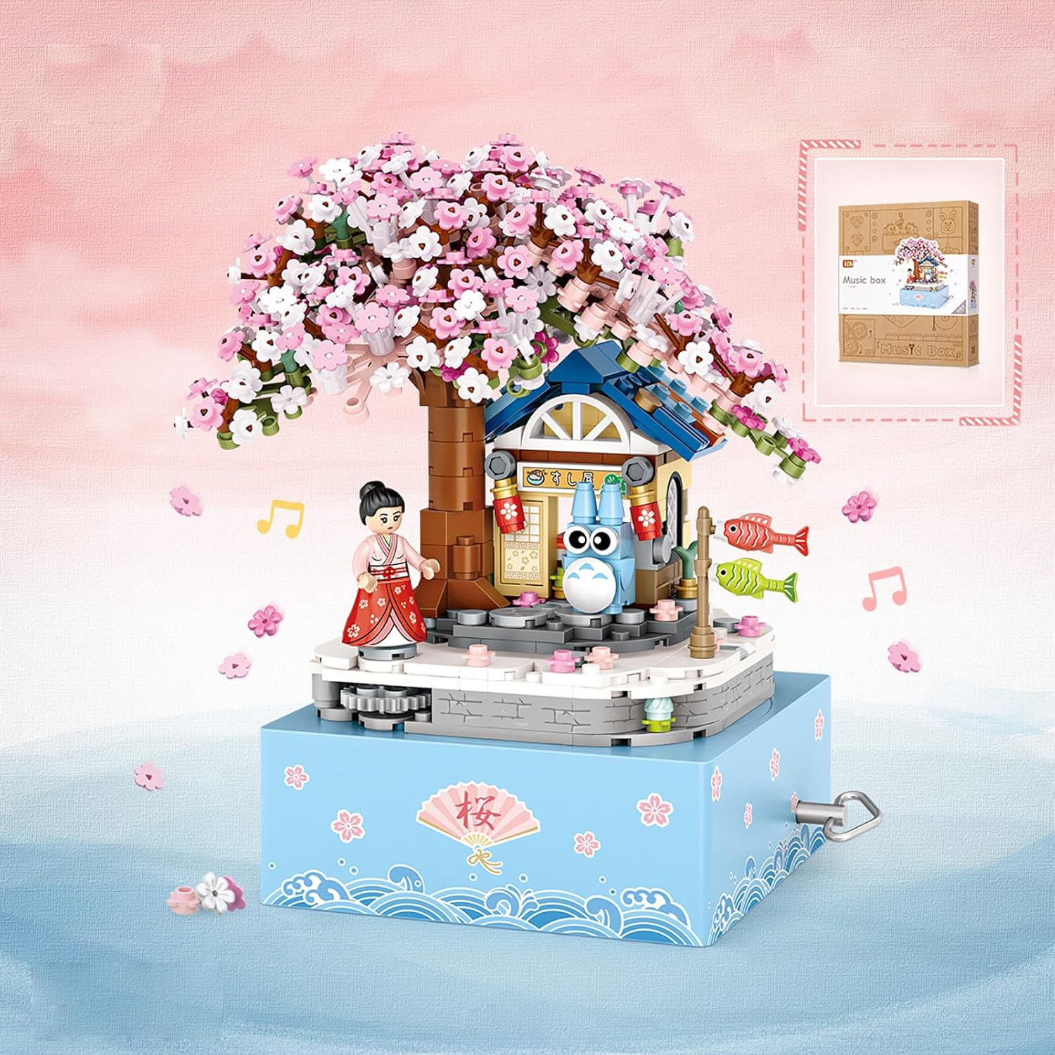 Mini Brick Sakura Music Box with Rotating Display, Sakura Music Box Building Blocks Set &ndash; 806Pcs Mini Brick DIY Cherry Blossom Tree Kit for Adults & Kids, Rotating Display Model Gift image number 2