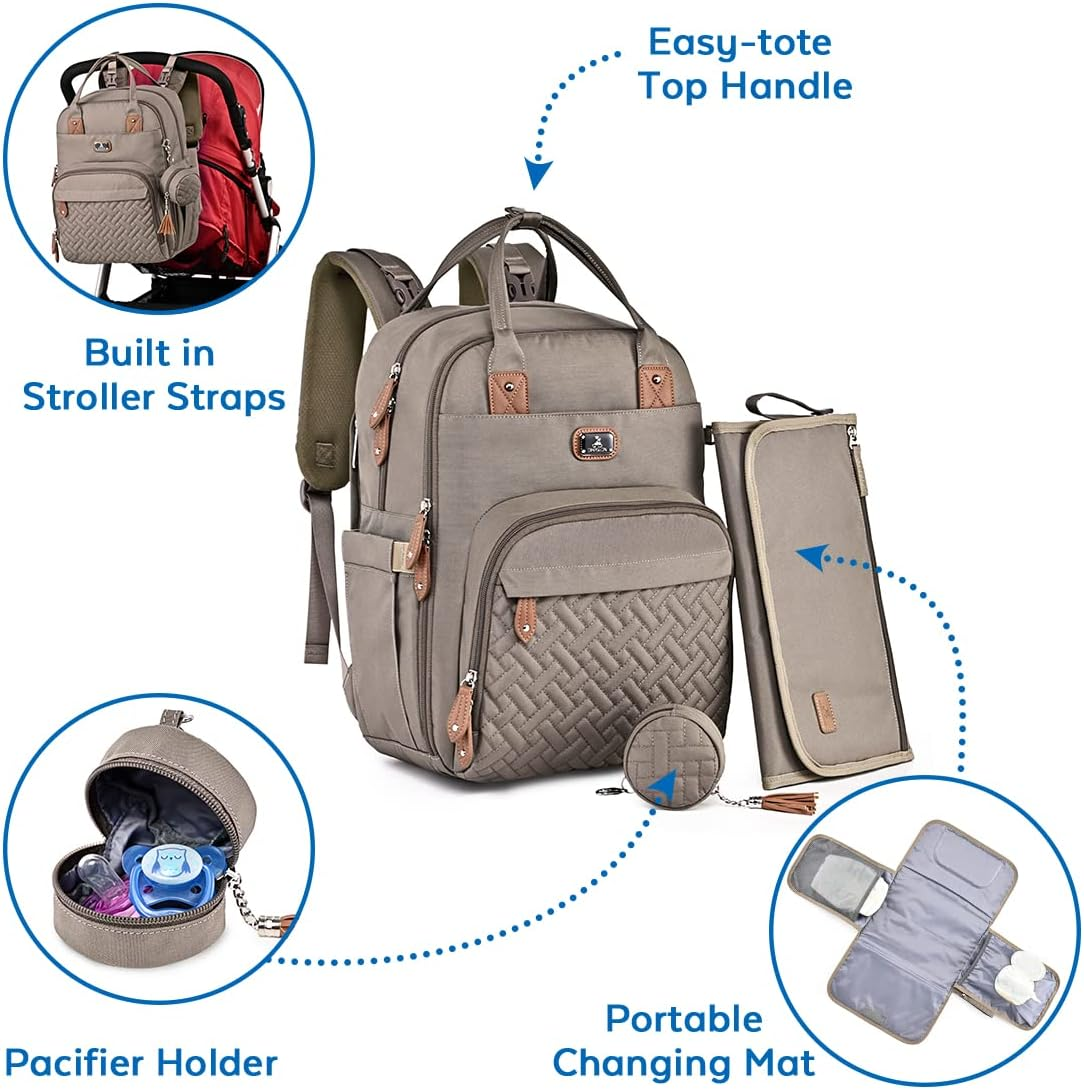 Dikaslon Changing Bag Backpack, Large Nappy Back Pack Multifunction Baby Bags with Portable Changing Mat, Pacifier Holder, and Stroller Straps, for Mom and Dad, Khaki image number 6
