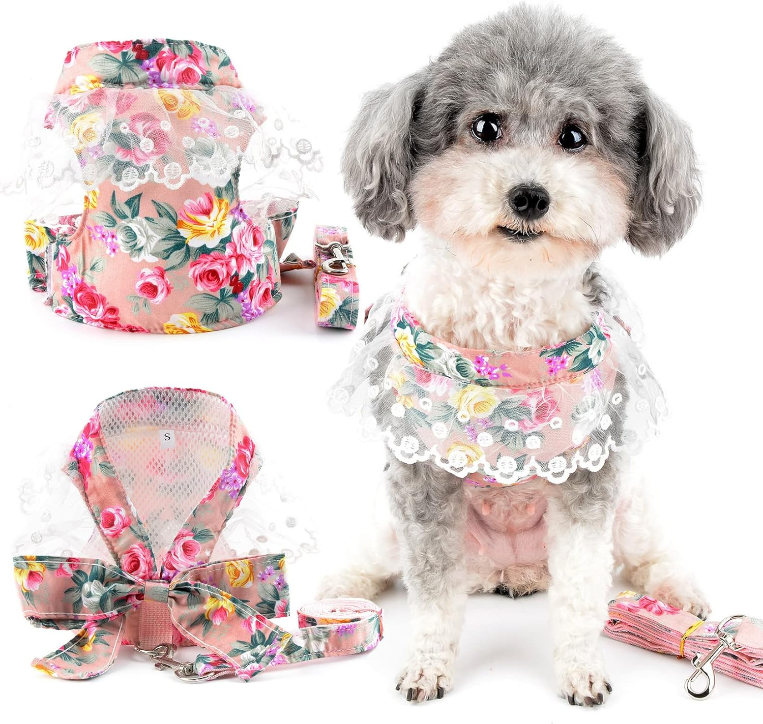 Zunea No Pull Dog Vest Harnesses for Small Dogs Cats Polka Dots Puppy Girls Harness and Lead Set Soft Breathable Mesh Harness Dress with Bowknot Lace Neck Pet Apparel for Chihuahua Yorkie Red XXL