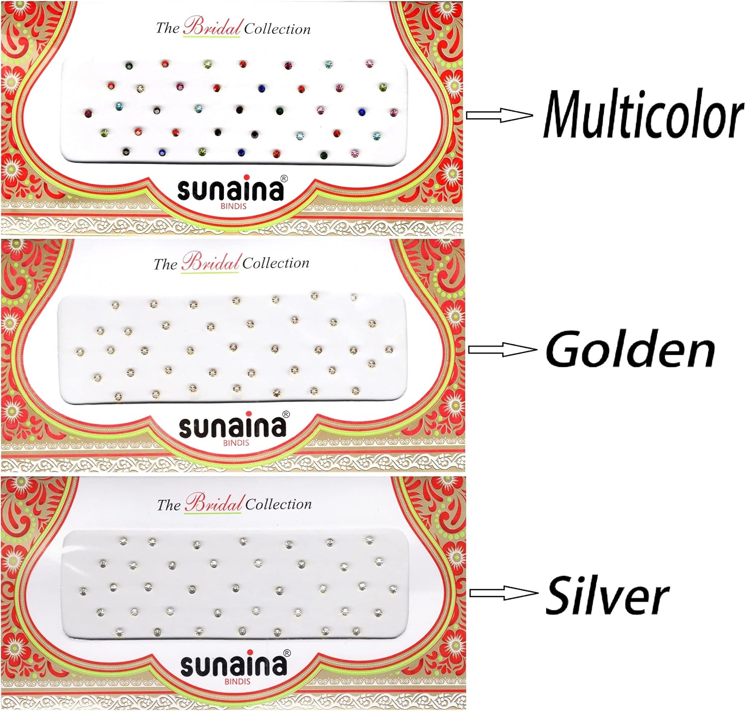 Sunaina Small round Multicolor||Golden|| Silver Shiny Stone Matching Tikka Bindi for Women & Girls (Pack of 3) image number 2