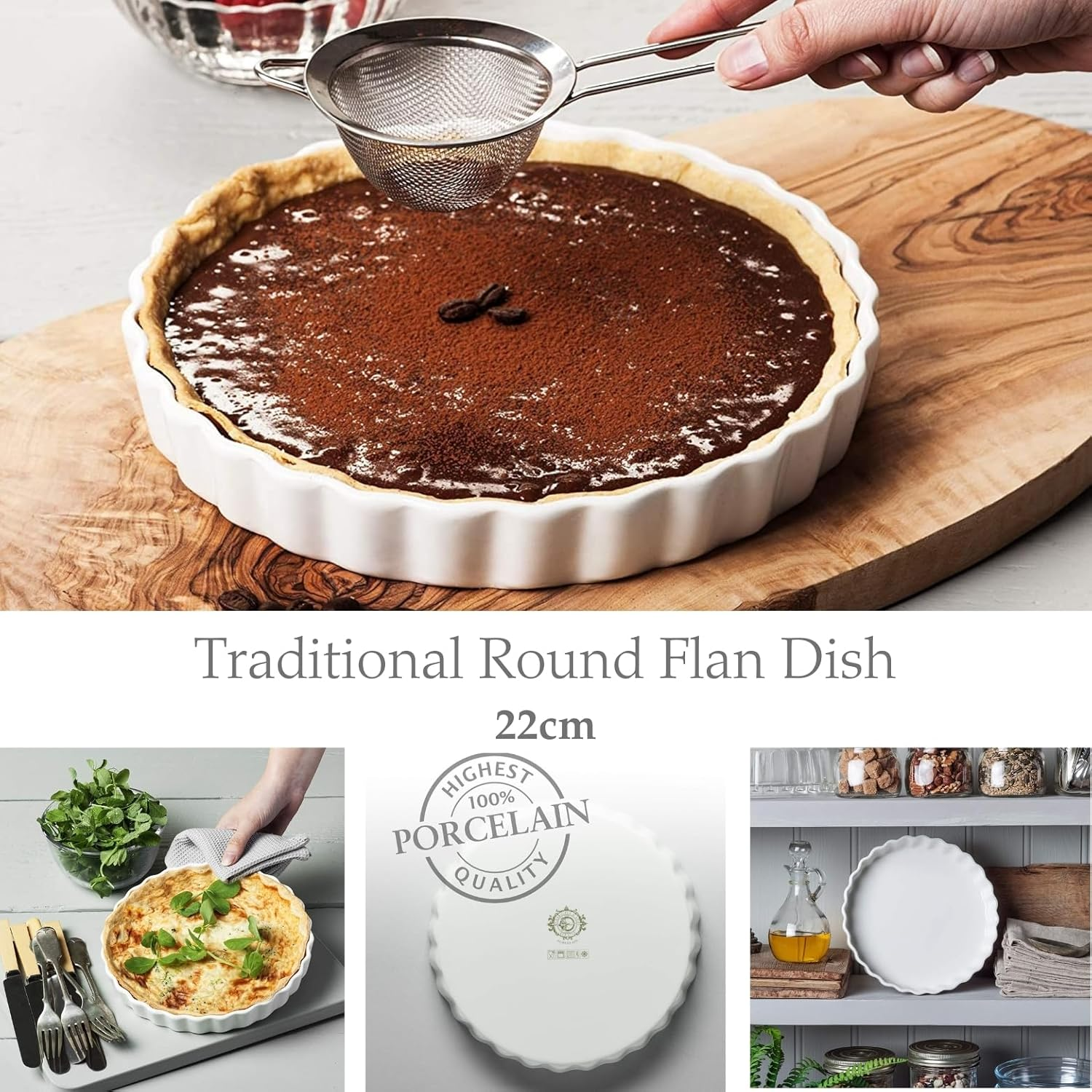 WM Bartleet & Sons - Traditional Porcelain round Flan Dish, (22Cm) &ndash; Premium Quiche and Tart Baking Dish - Made from 100% Porcelain &ndash; Classic Smooth Glazed Finish image number 3