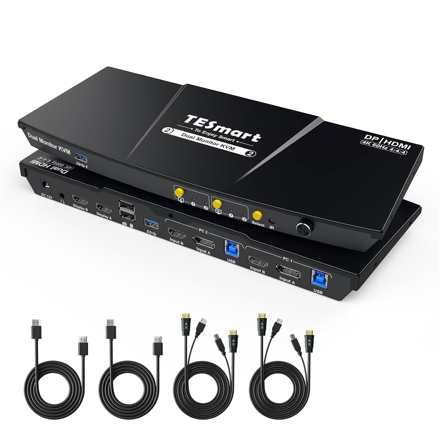 Tesmart Displayport HDMI KVM Switch 2 Monitors 2 Computers 4K@60Hz, Dual Monitor KVM Switch for 2 Port, EDID Emulators | USB 3.0 | Headset | Hotkey Switch | Button Switch, with All Input Cables
