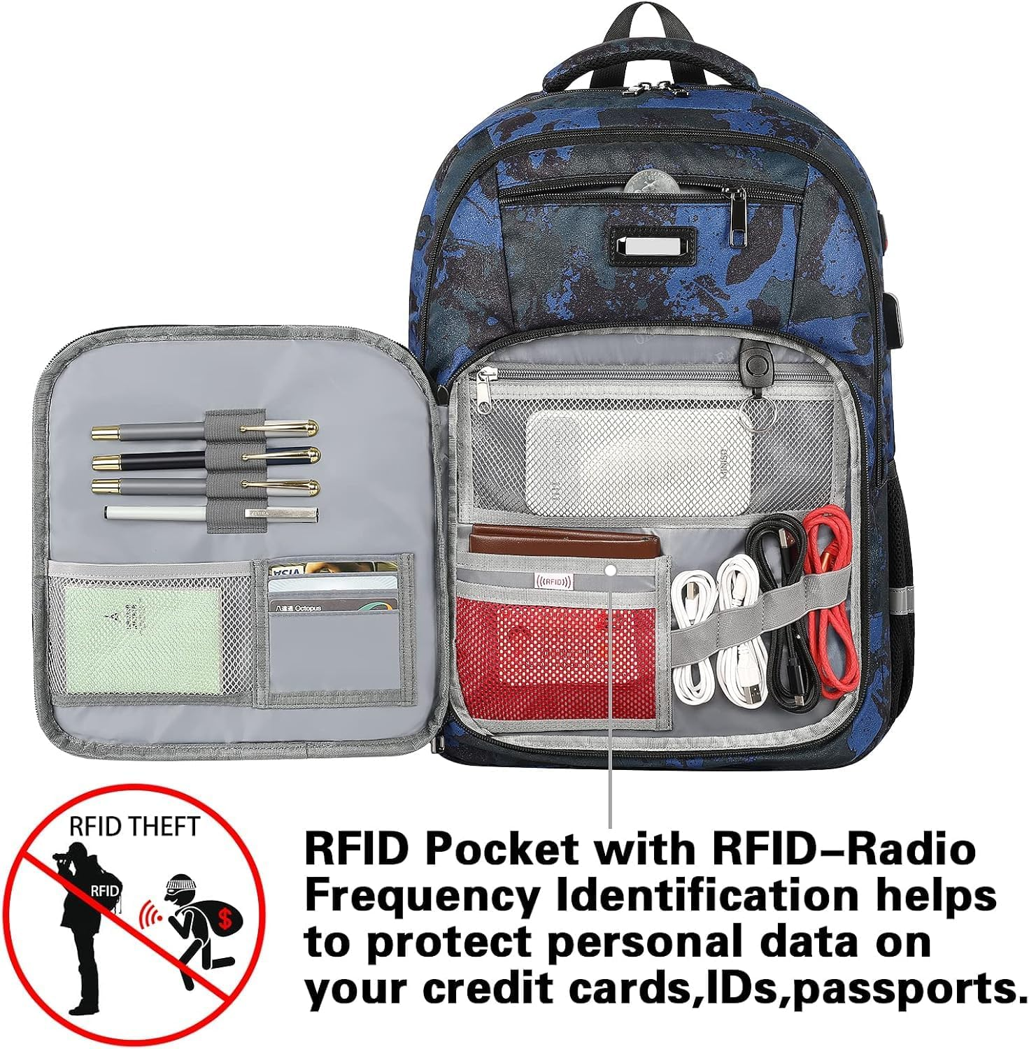 Laptop Backpack for Men, Large Travel Backpack TSA Friendly anti Theft Backpacks with USB Charging Port, Water-Resistant Bag Daypack for Work, 17.3Inch Approved Computer Bookbag & Notebook - Camo Grey image number 6