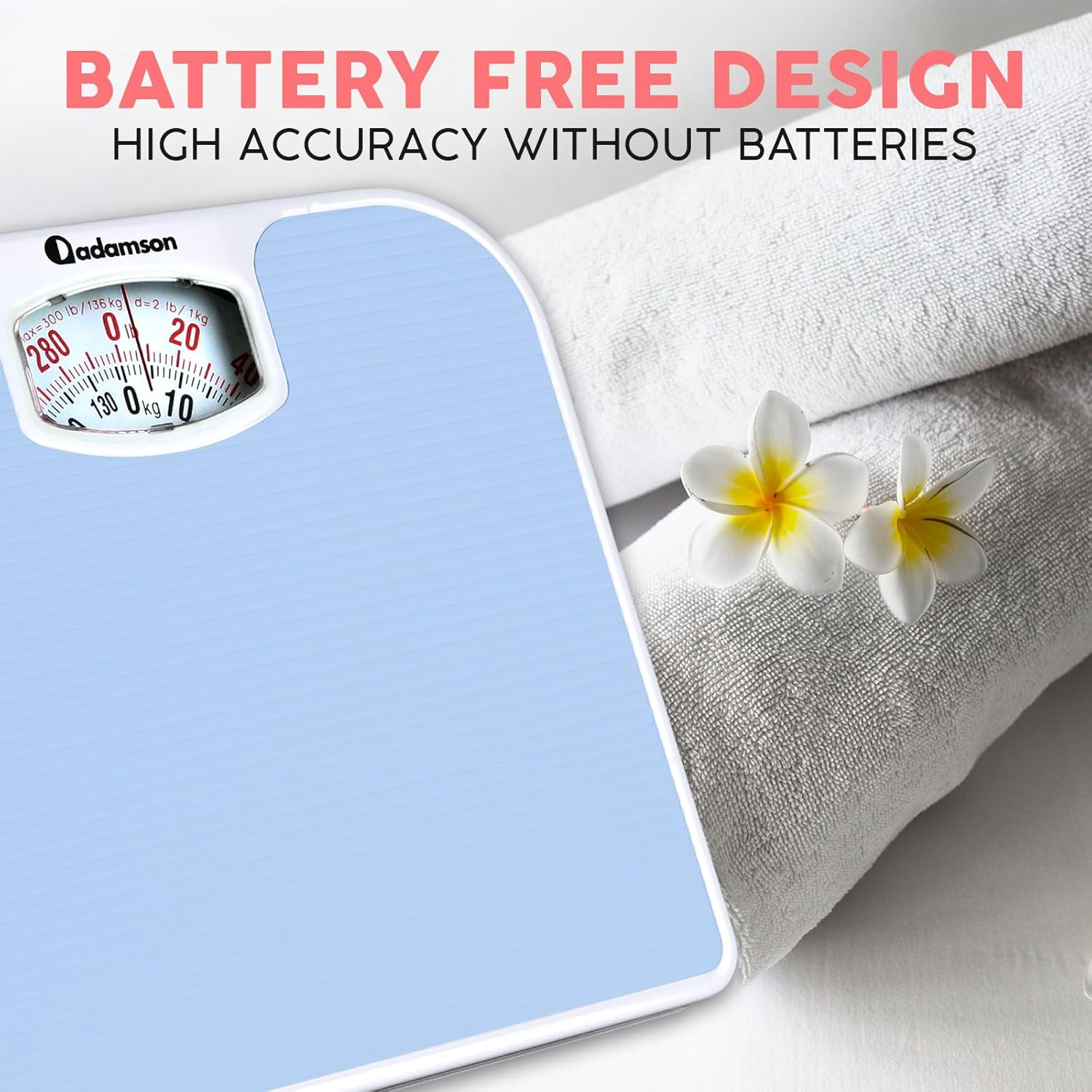 Adamson A21 Analog Scales for Body Weight - up to 300 LB - New Version - Anti-Skid Rubber Surface + Large Numbers - Analog Bathroom Scale - Affordable - Durable with 20-Year Assurance - Light Blue image number 5