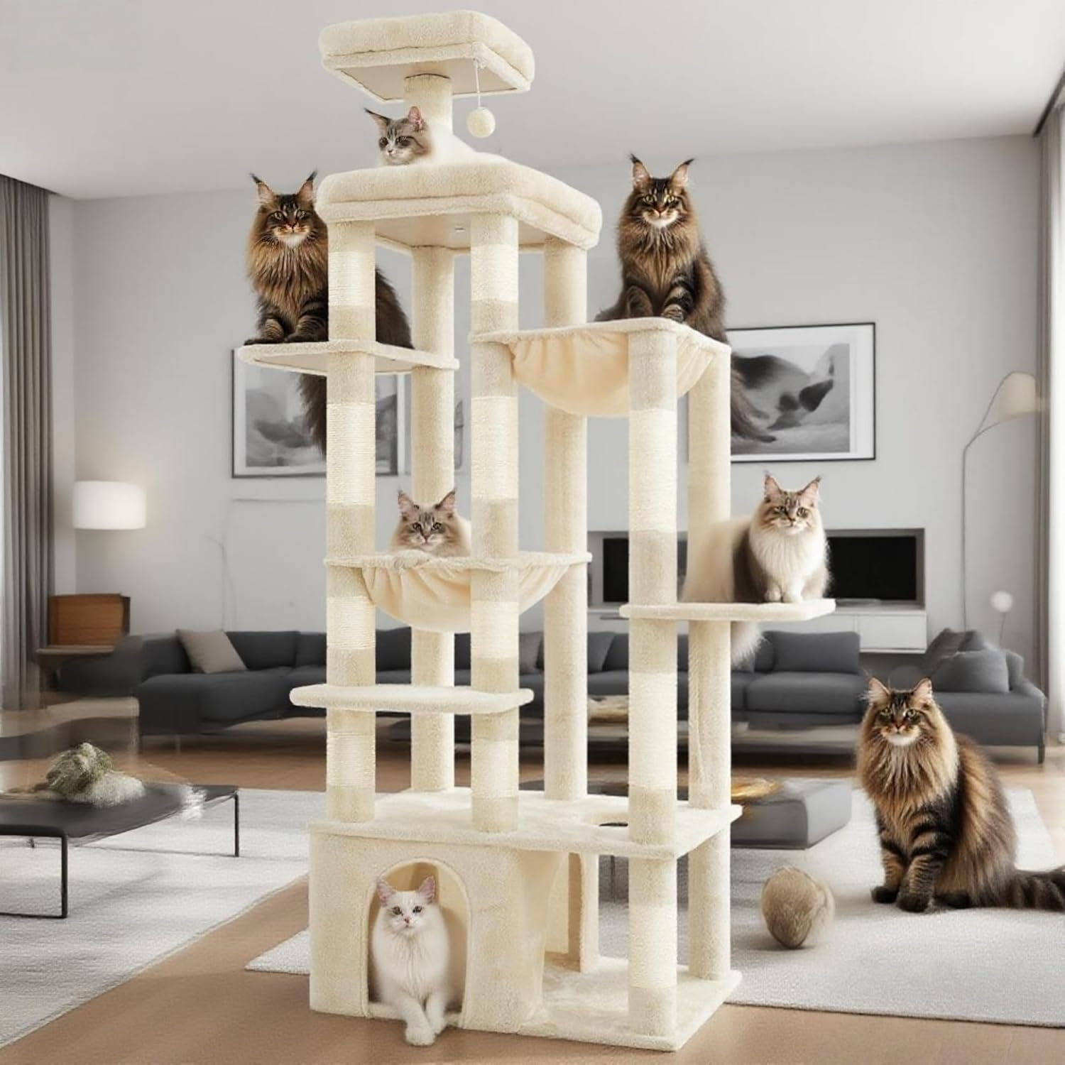 Heybly Cat Tree, 180Cm Tall Cat Tower for Large Maine Coon Cats with Extra-Large Baseboard, Cat Condo Furniture with Multi-Level Platforms, 2 Hammocks and 12 Scratching Posts, Light Gray HCT037W