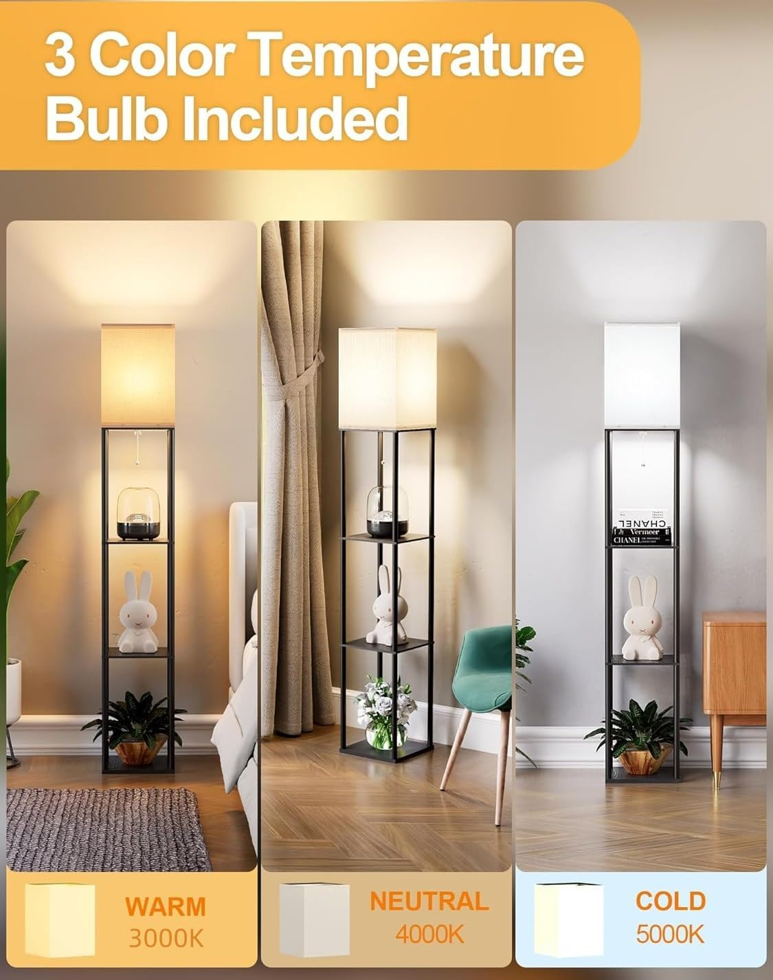 WAMBORY Floor Lamp with Shelves,Modern Square Standing Lamp with 3 Color Temperature Bulb, Corner Display Bookshelf Lamp with White Linen Shade,Shelf Floor Lamp for Living Room and Bedroom (Modern) image number 2