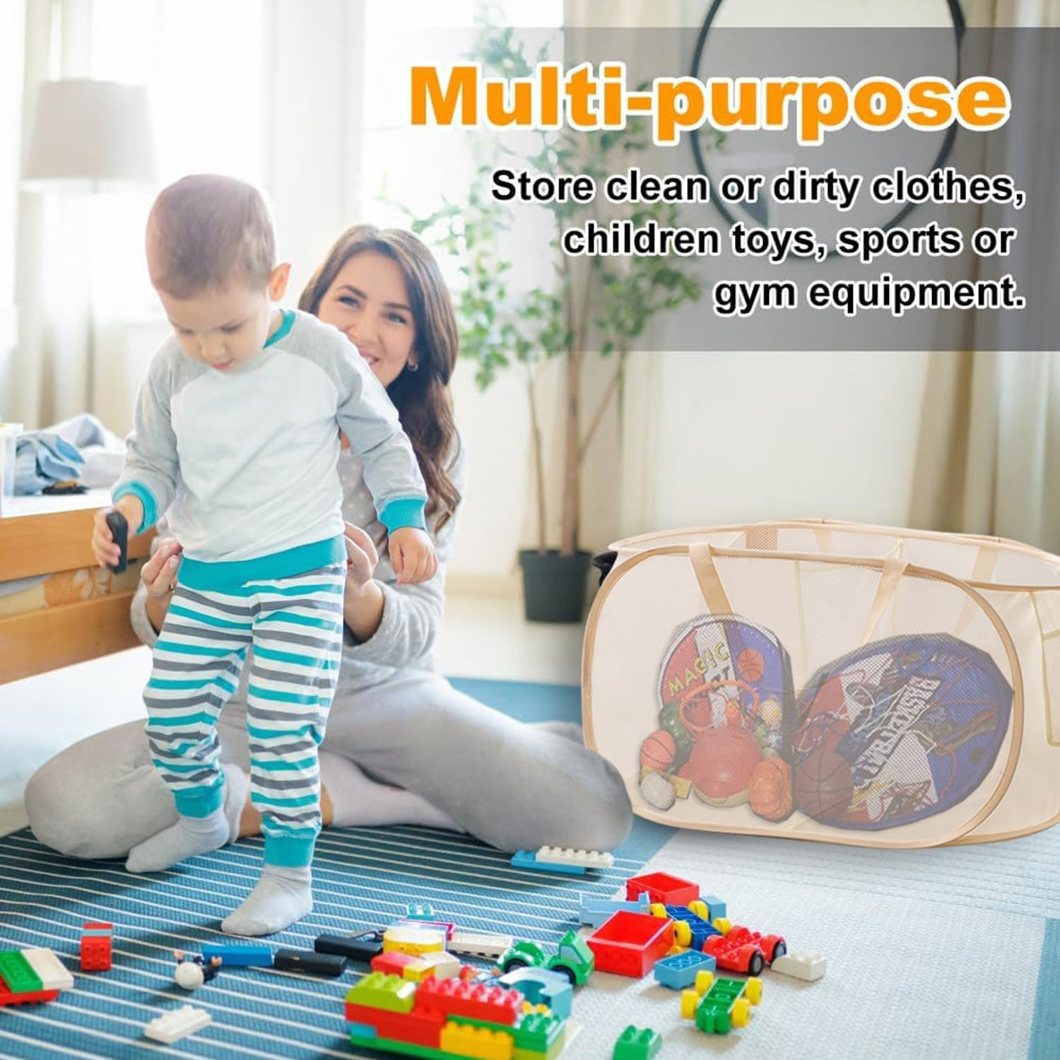 Yharnamite Collapsible Laundry Baskets, Pop up Laundry Hamper, Collapsible Mesh Dirty Clothes Hamper, Clothes Storage Basket with 2 Compartments and Side Pockets for Store Clothes Sundries(Beige-A) image number 2