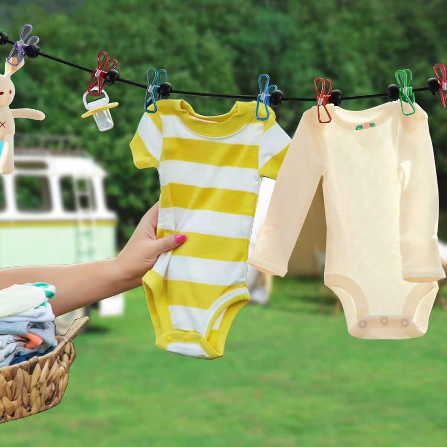 2 Pack Portable Clothesline Retractable Travel Clothesline with 12 Clothespins Outdoor Camping Accessories for Backyard, Vacation Hotel, Balcony Drying (Blue + Black) - Multicolour image number 5