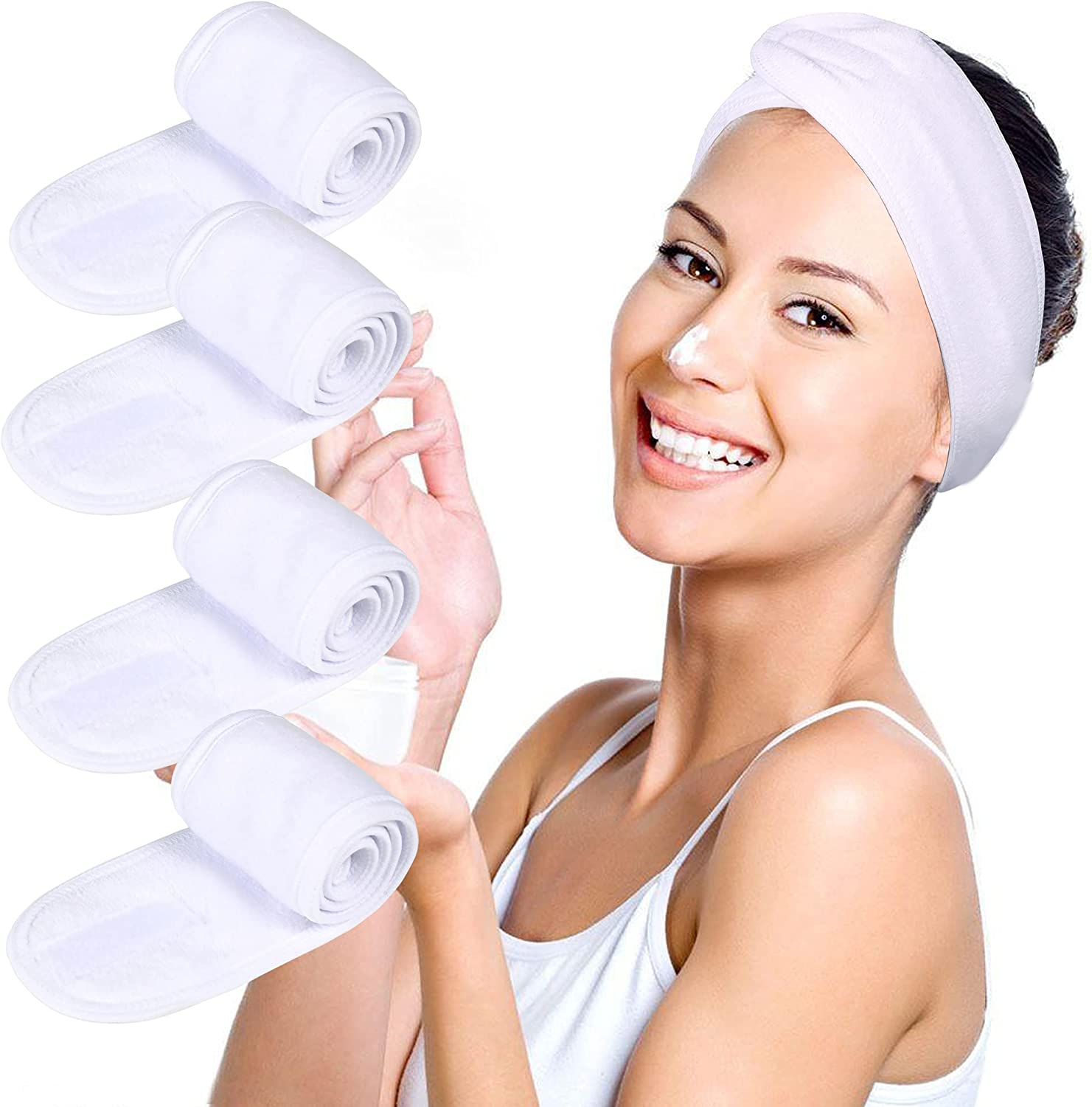 Facial Spa Headbands 4Pcs, Makeup Shower Bath Wrap Sport Headband Terry Cloth Stretch Towel with Magic Tape (Blue, Mint Green, Purple, Rose)