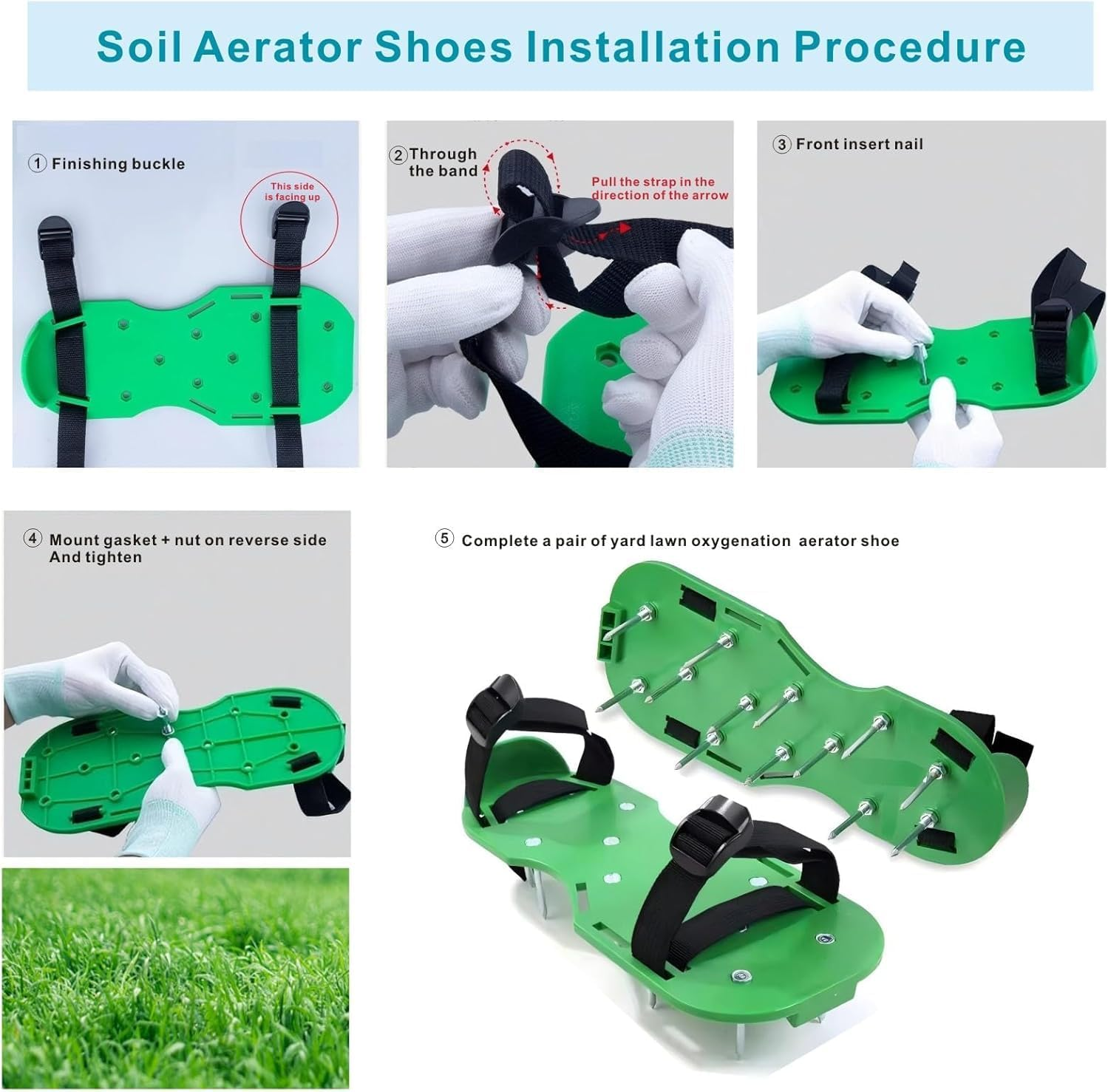 Lawn Aerator with Adjustable Straps Lawn Aerator Shoes with Dual Straps on Instep for Effectively Aerating Lawn Soil, Lawn Tool One Size Fits All Pre-Assembled Heavy Duty Spiked Sandals （Green） image number 2