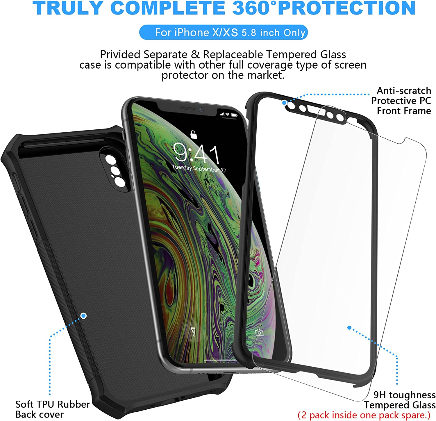 Oretech Designed for Iphone X/Iphone Xs Case with [2 X Tempered Glass Screen Protector] [Full Camera Lens Protection] Square Edge Shockproof Anti-Slip Phone Case Cover for Iphone X/XS Case-5.8" Black image number 3