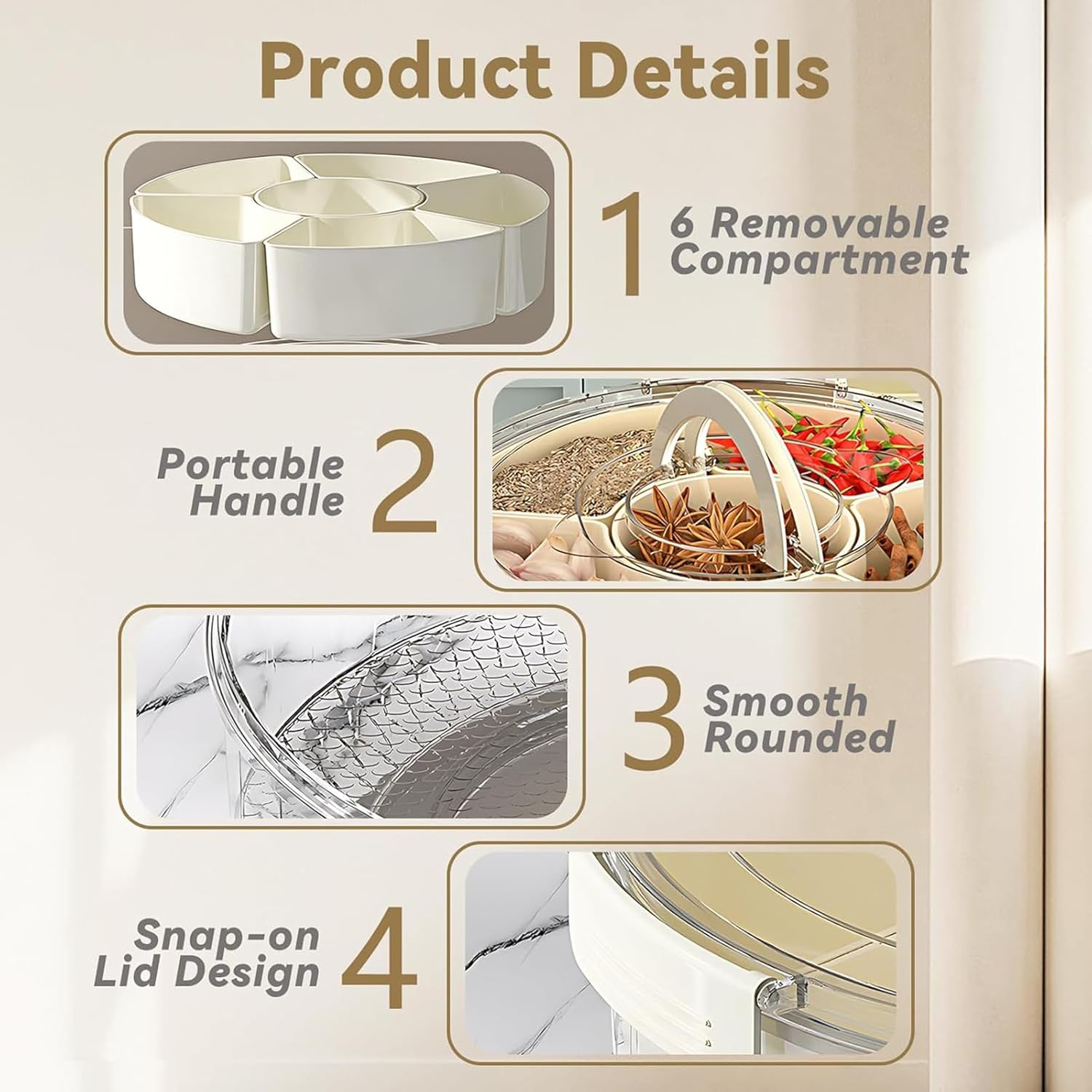 DAWNTREES Snackle Box,Divided Rotating Serving Tray with Lid and Handle - Charcuterie Container for Portable Snack Platters - Clear Organizer for Candy, Snacks (1) image number 6