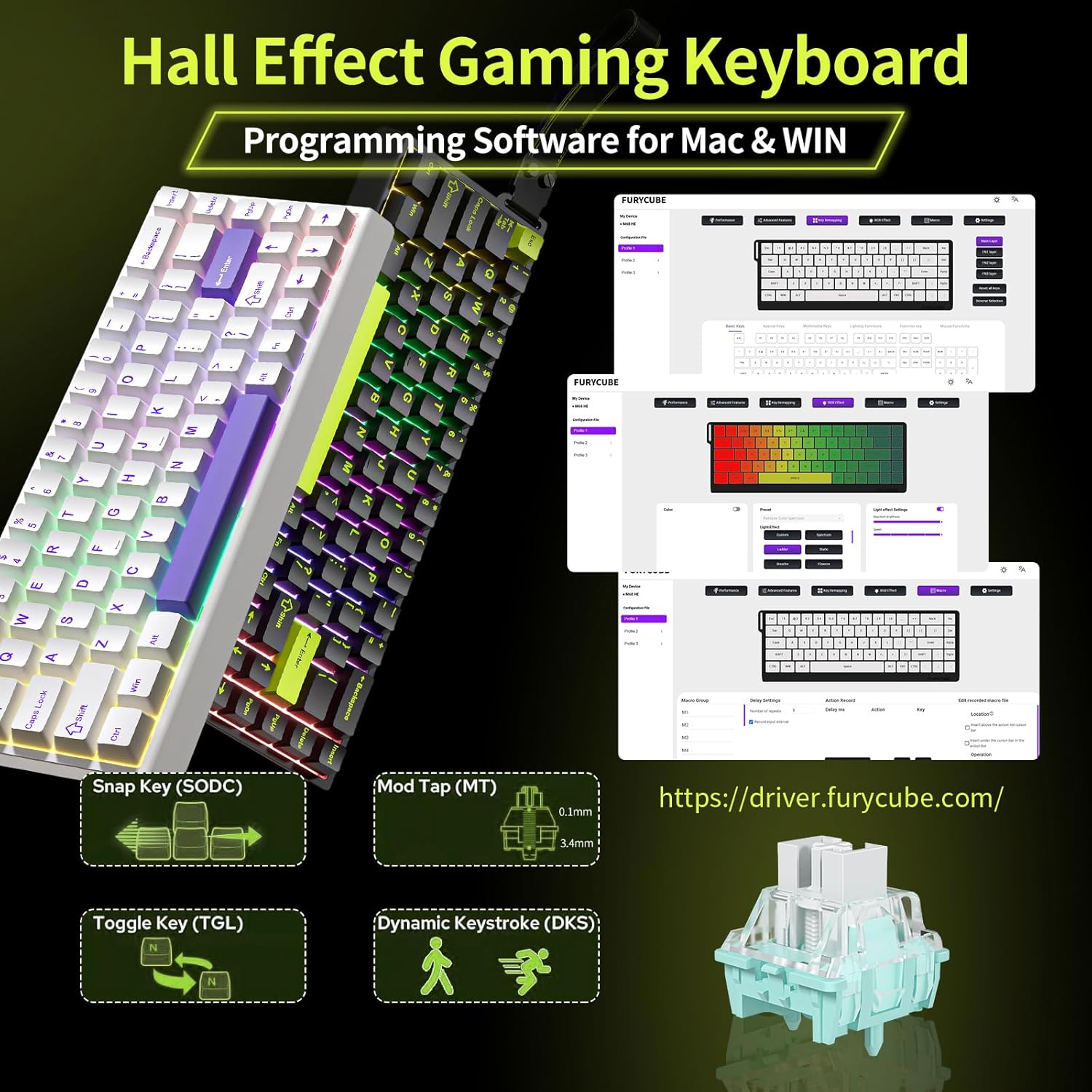 Smliekate M68 Mechanical Keyboard, RGB Backlight Compact 68-Key Layout, Single Mode Key-Wire Separation, Membrane/All-Around Waterproof, Suitable for Office, Competitive Gaming (Black/Green)