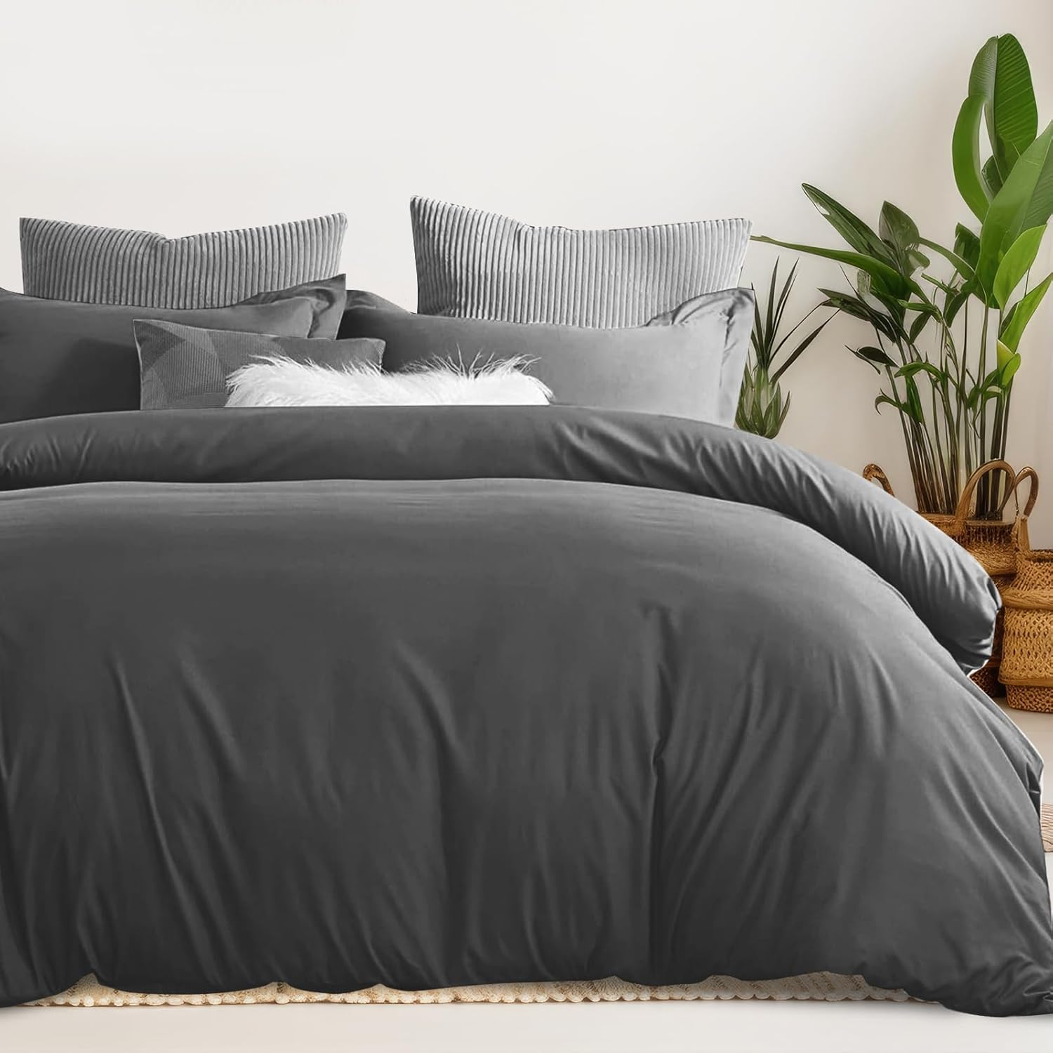 LINENOVA Queen Quilt Cover Set, 100% Luxury Cotton Duvet Cover with Buttons Closure,Ultra Soft Solid Plain Color 3Pcs Doona Cover Set(Queen, Olive)