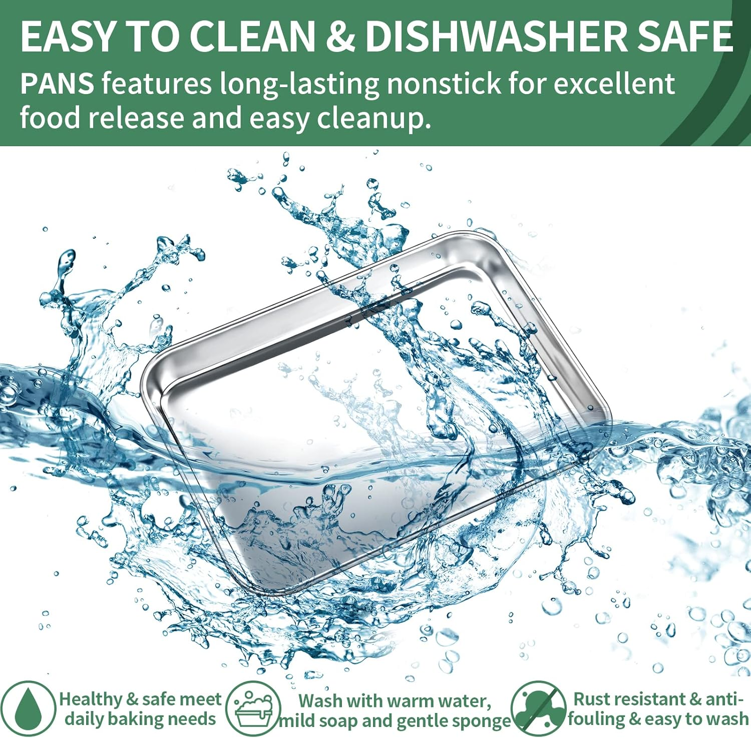 Baking Sheets Set of 2, HKJ Chef Cookie Sheets 2 Pieces & Stainless Steel Baking Pans & Toaster Oven Tray Pans, Rectangle Size 9L X 7W X 1H Inch & Non Toxic & Healthy & Easy Clean image number 3