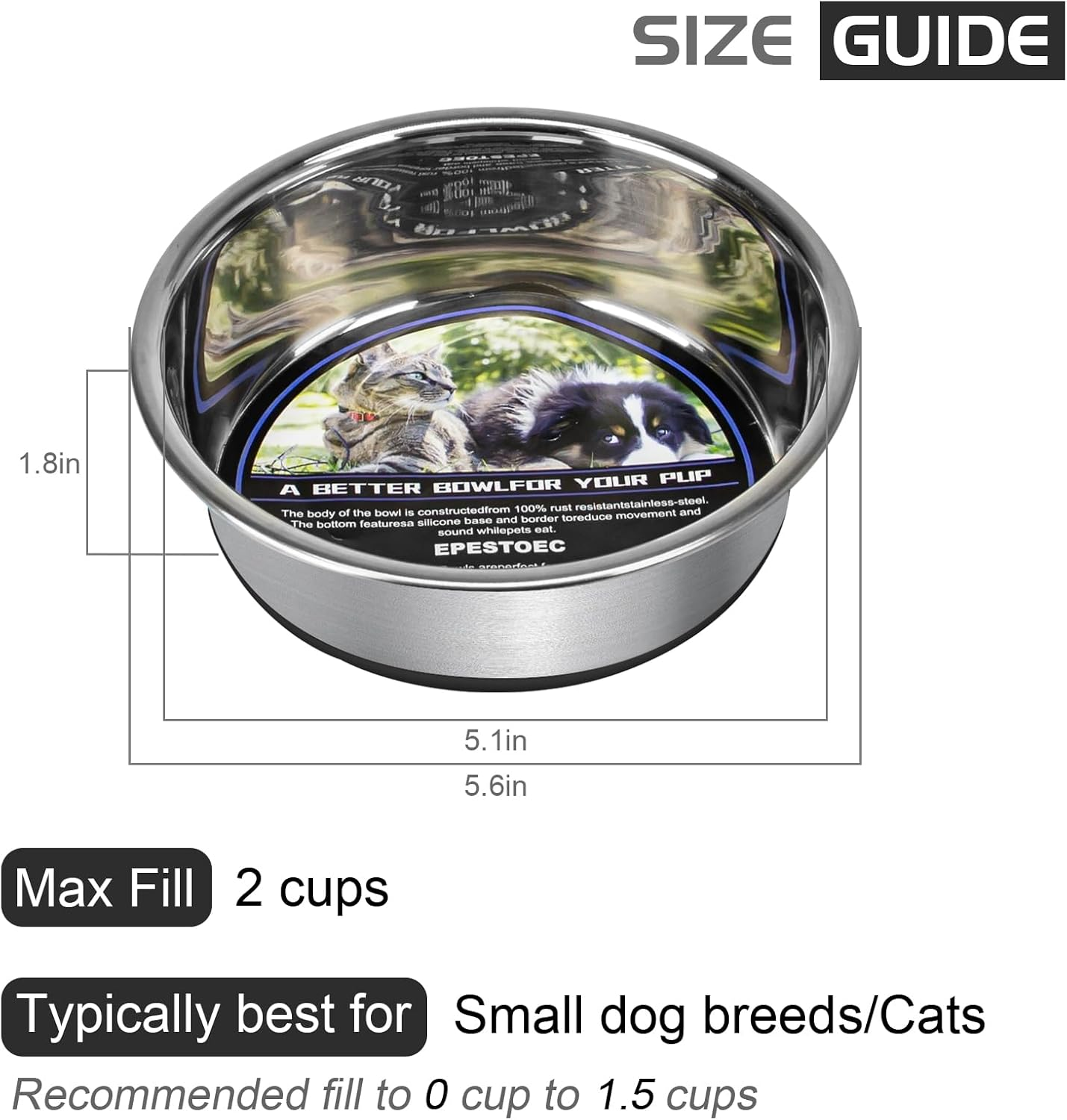 Grehge Steel Anti-Slip Dog Bowls,Non-Slip Stainless Steel Pet Bowl with Foot Mat - Perfect for Mess-Free Mealtime,Quiet Pet Bowls for Cats and Dogs, Dry and Wet Foods,5.5In Single Pack image number 3