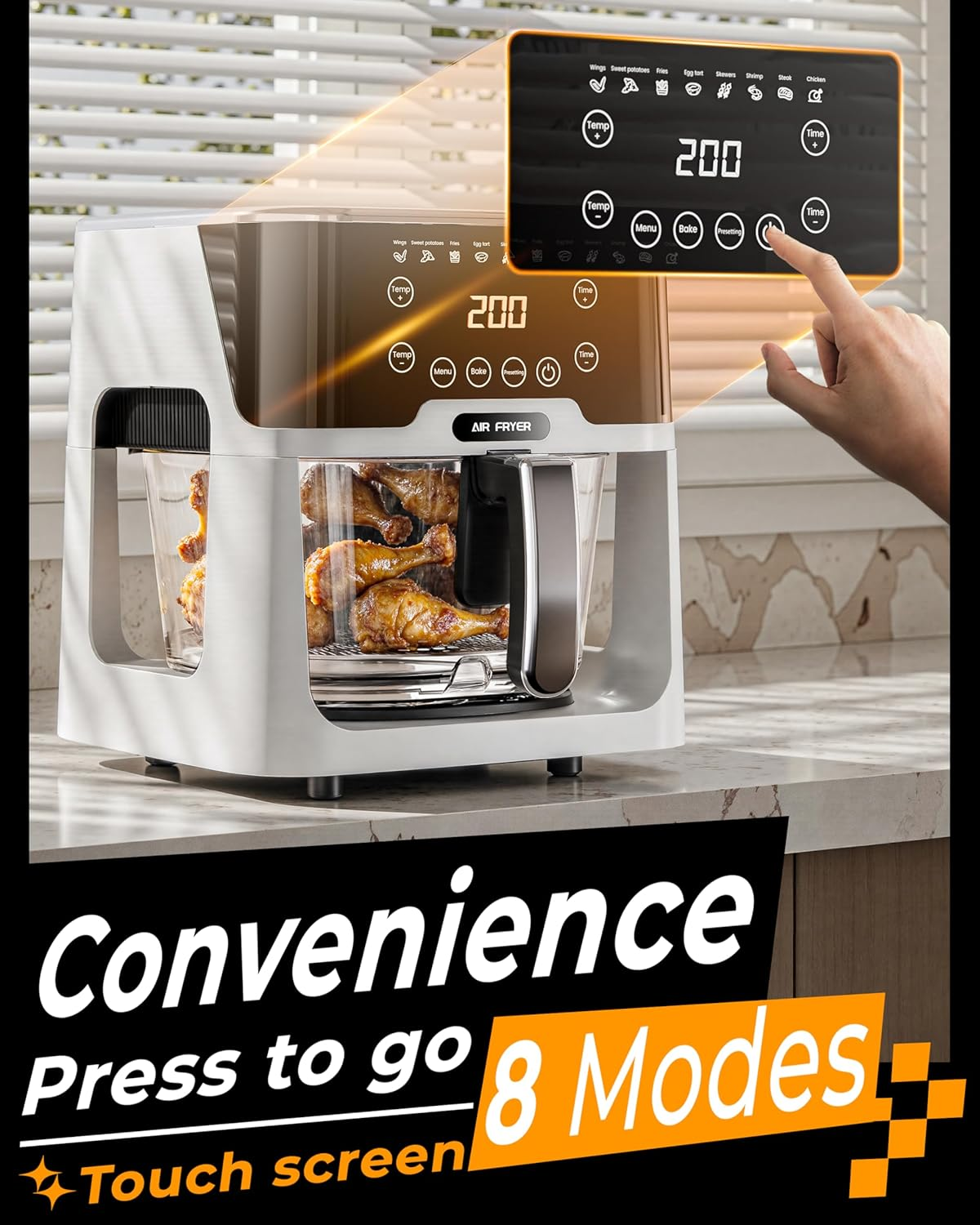 Air Fryer Glass - 5.2L Digital Airfryer Oven with Detachable Glass Pot, Multifunctional Oiless Cooker with LED Touch Screen, Adjustable Temperature 80-200℃, Healthy Less Fat & Easy to Clean image number 4