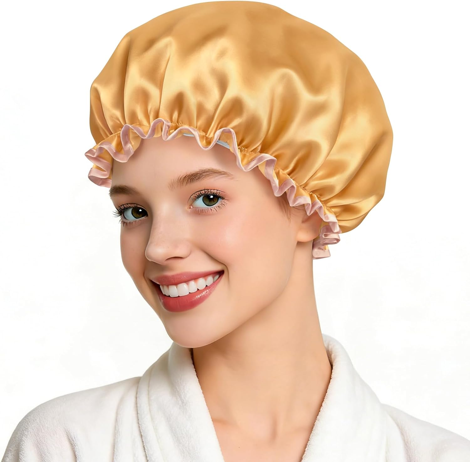 Double Layer Waterproof Shower Cap with Elastic Band, Reusable Bath Cap for Women -Large Waterproof Plastic Shower Hat for Long, Short and Curly Hairs Spa Salon (Champagne)