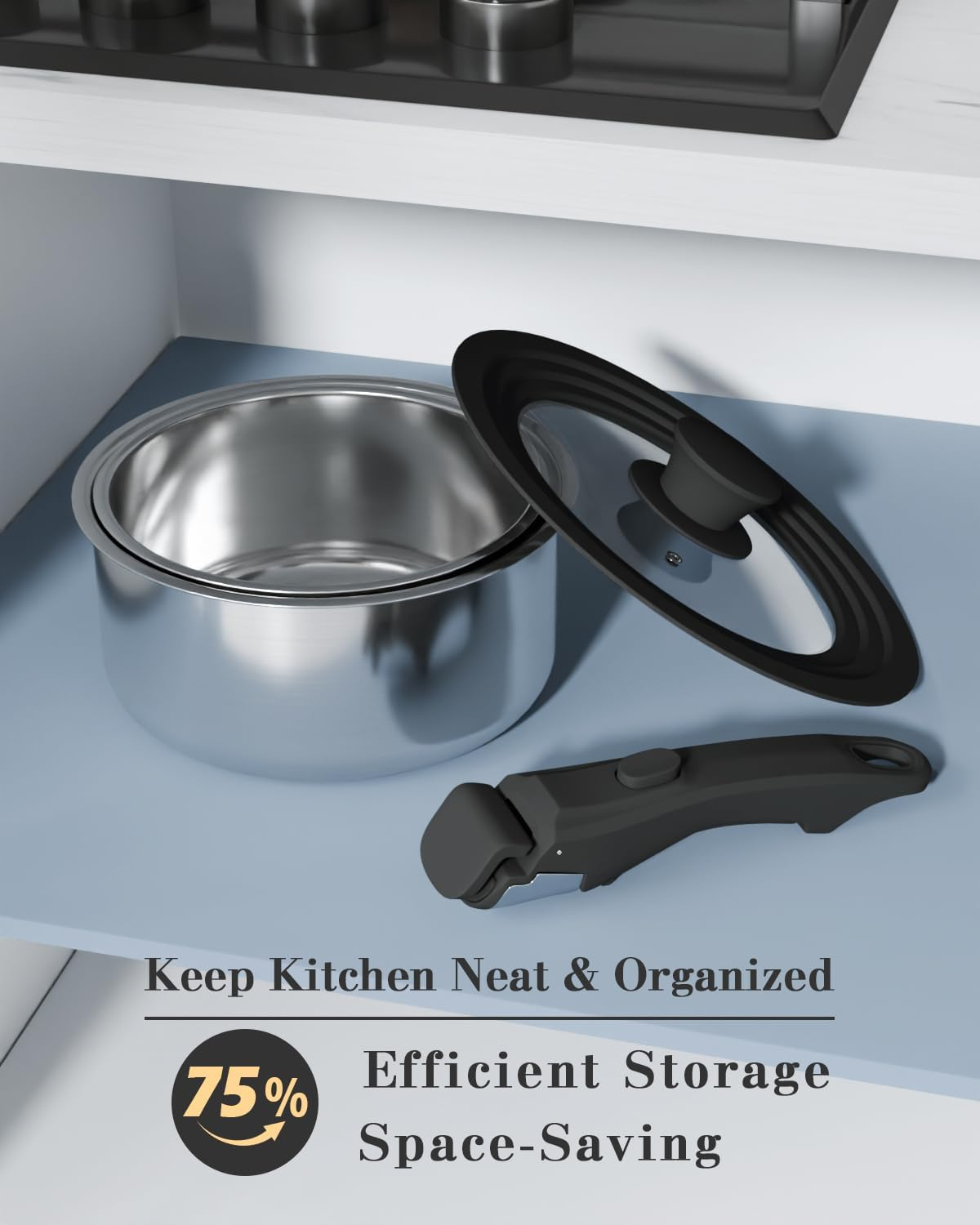 Stainless Steel Cookware Set,4-Pcs Kitchen Cookware Sets with Removable Handle,Stainless Steel Saucepan Set with 18Cm and 20Cm Pots and Multi-Purpose Silicone Lid &ndash; All Stovetop Compatible image number 2